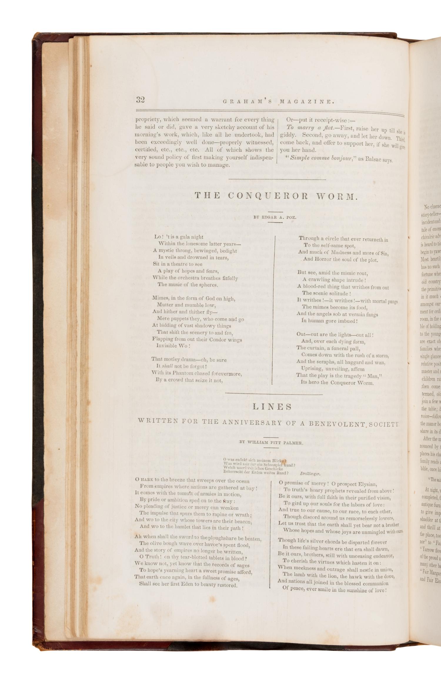 [Poe, Edgar Allan (1809-1849)]. "The Mask of the Red Death: A Fantasy," and 6 other writings. In: Graham's Lady's and Gentleman's Magazine, Vols. XX-XXII . Philadelphia: George R. Graham, January-June, 1842.