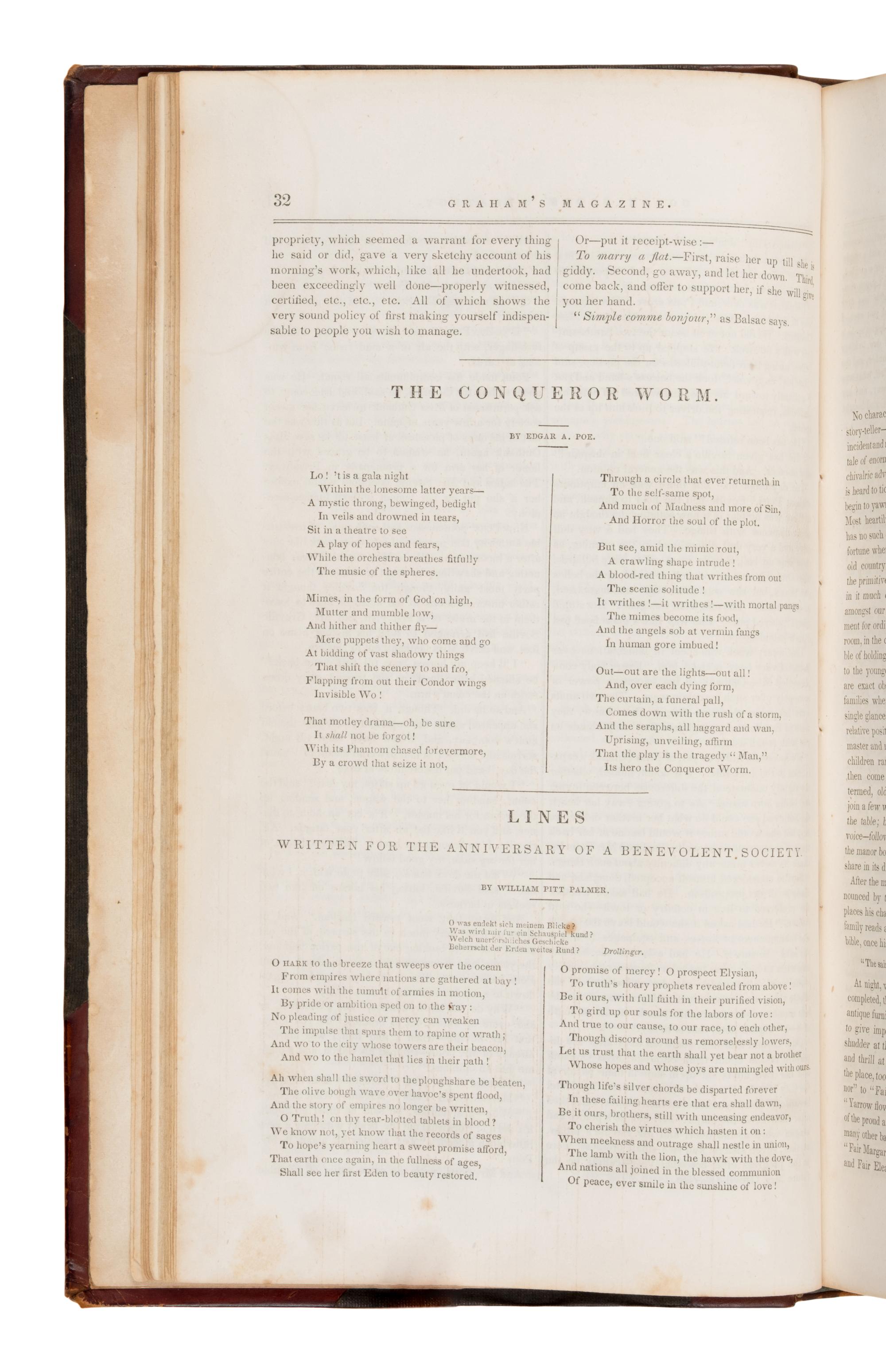 [Poe, Edgar Allan (1809-1849)]. "The Mask of the Red Death: A Fantasy," and 6 other writings. In: Graham's Lady's and Gentleman's Magazine, Vols. XX-XXII . Philadelphia: George R. Graham, January-June, 1842.
