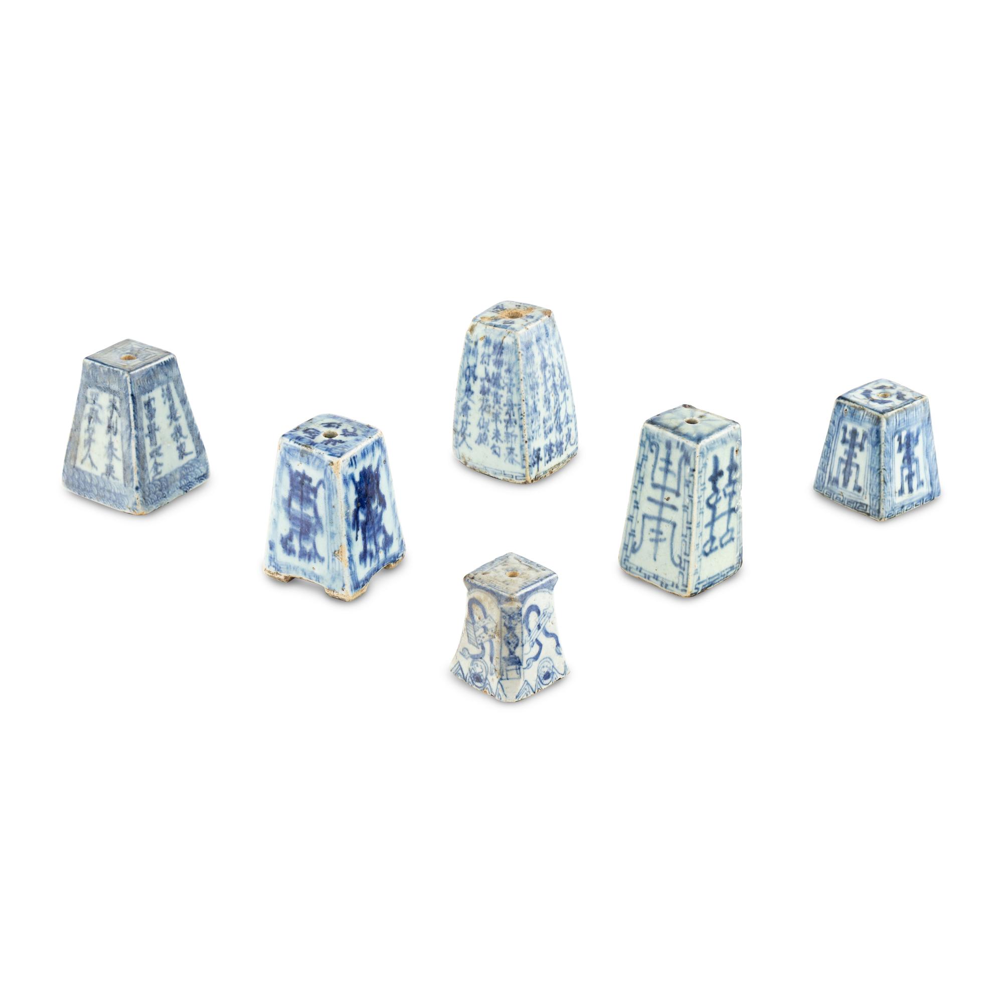 A Group of Six Chinese Porcelain Blue-and-White Incense Holders