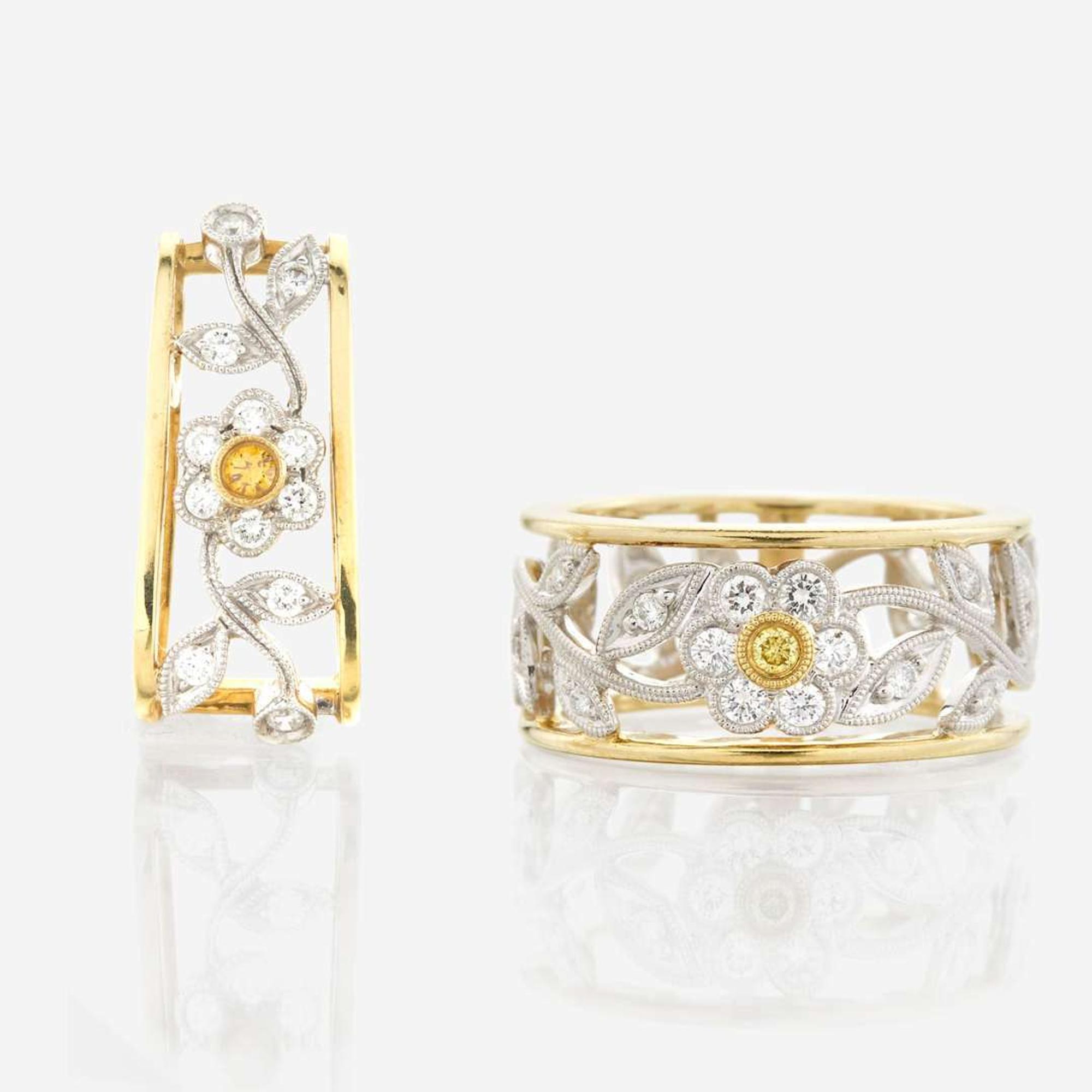 A bicolor gold, diamond, and colored diamond pendant with matching ring, Simon G