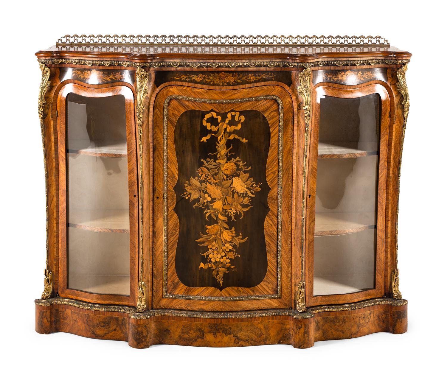 A Victorian Gilt Bronze Mounted Walnu t, Crossbanded Kingwood and Floral Marquetry Console Cabinet