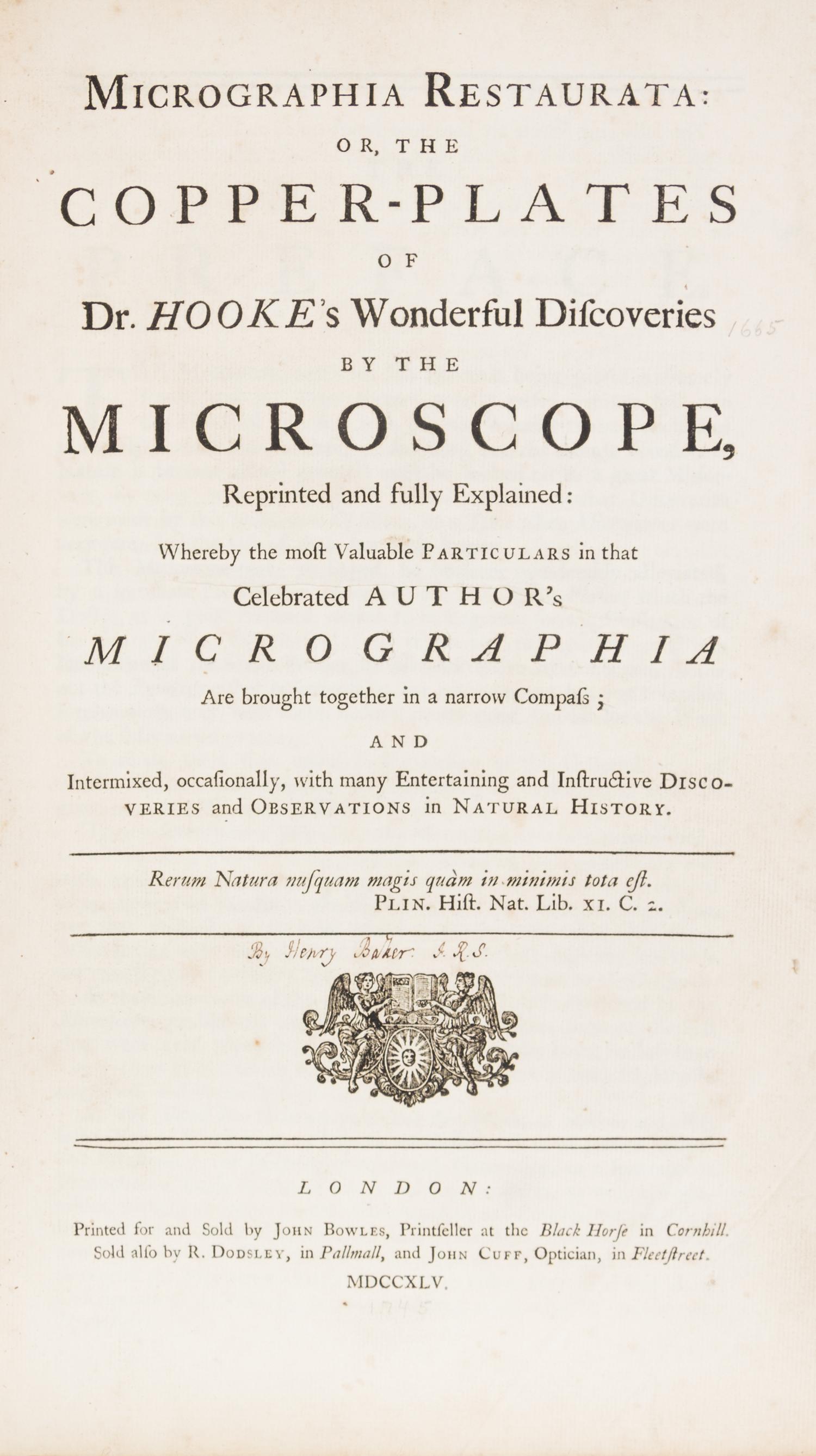 HOOKE, ROBERT. Micrographia Restaurata... London, 1745. Second edition, complete.