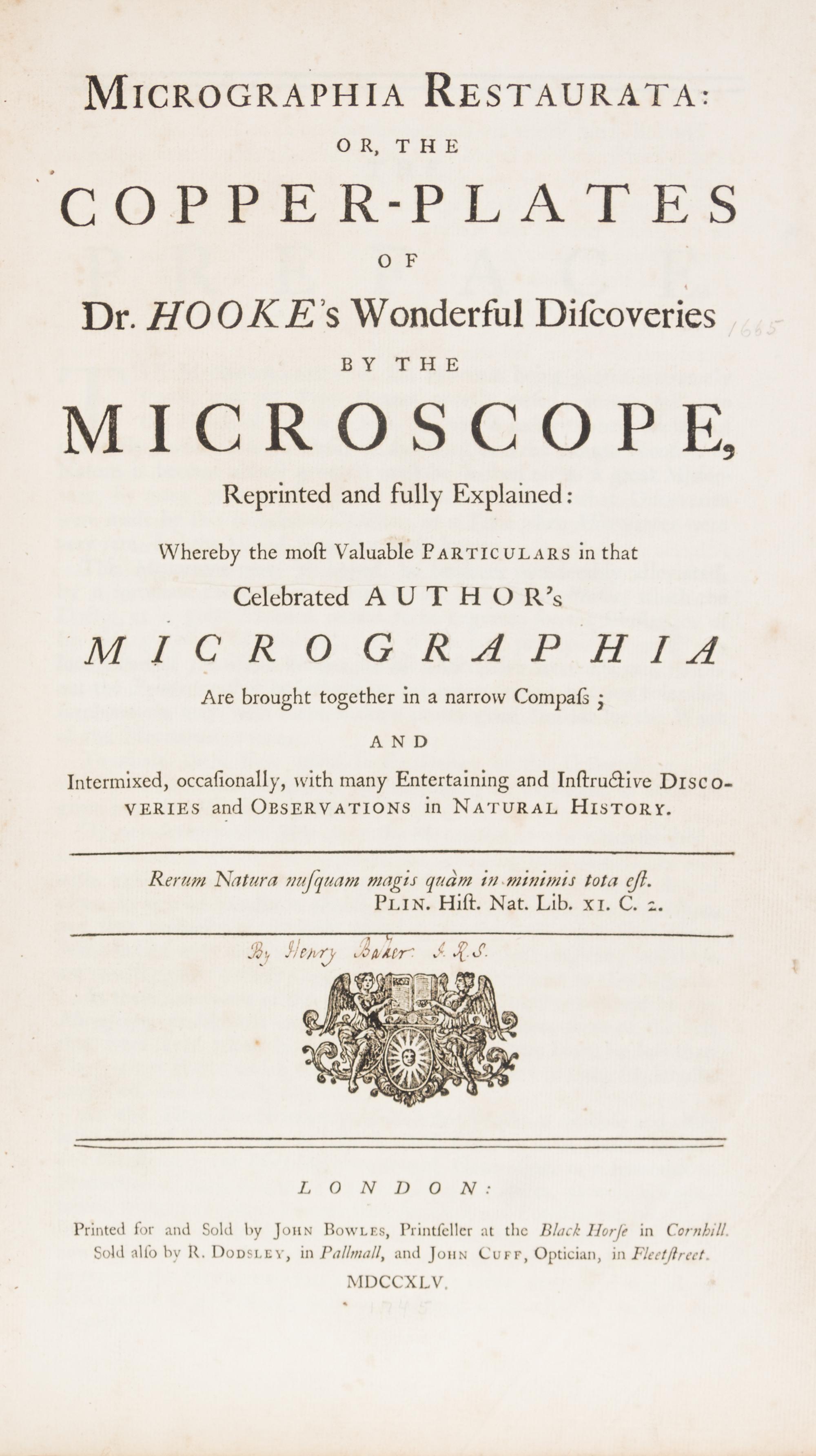HOOKE, ROBERT. Micrographia Restaurata... London, 1745. Second edition, complete.