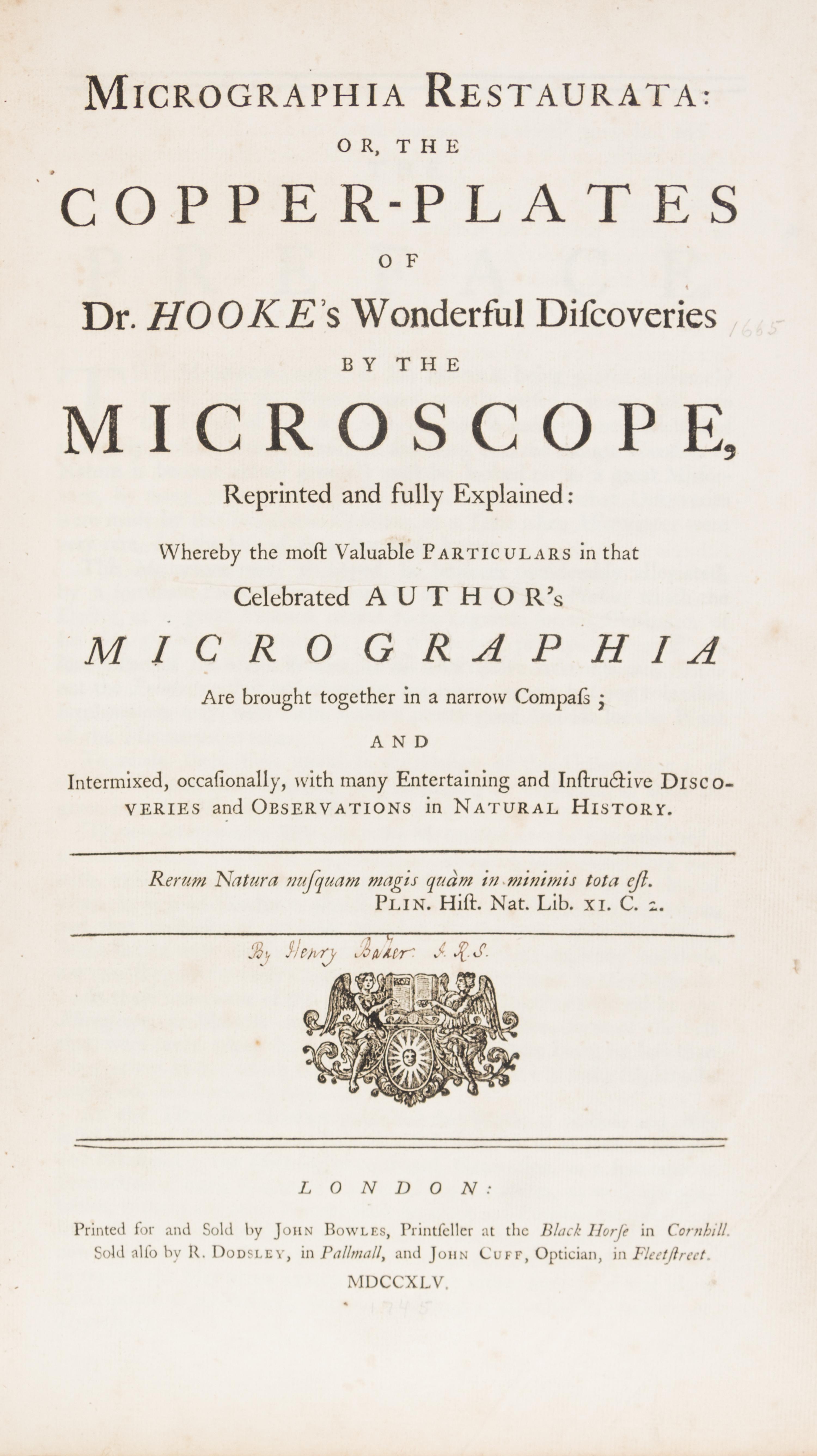 HOOKE, ROBERT. Micrographia Restaurata... London, 1745. Second edition, complete.