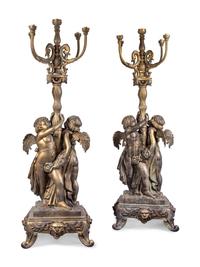A Pair of Neoclassical Style Parcel Gilt Cast Metal Five-Light Torchères