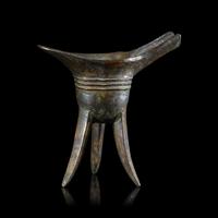 A Chinese Archaistic Bronze Wine Cup, Jue, Ming-Qing Dynasty 明-清 青銅爵
