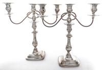 A Pair of English Silver-plate Three-Light Candelabra, , the baluster form stems supporting two scrolling branches.