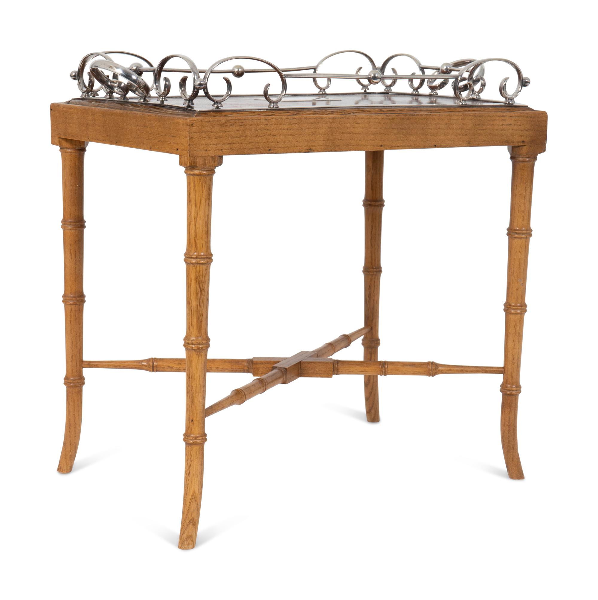 An English Silverplate Mounted Mahogany Tray on a Faux-Bamboo Stand — 20TH CENTURY