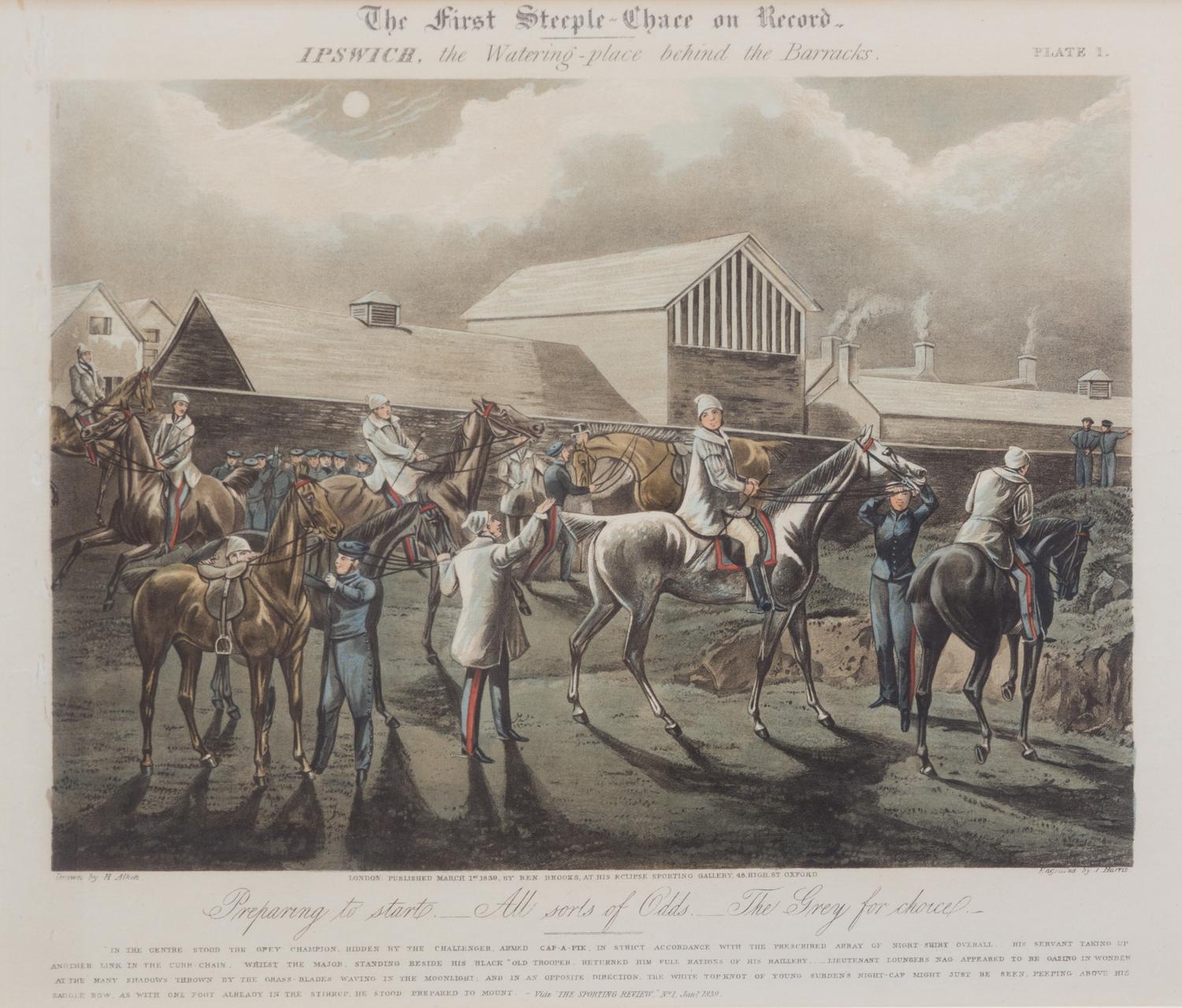 Henry ALKEN, after - J. HARRIS, engraver Image 10 3/4 x 14 1/2 inches. — The First Steeple Chase on Record, Plates I-IV