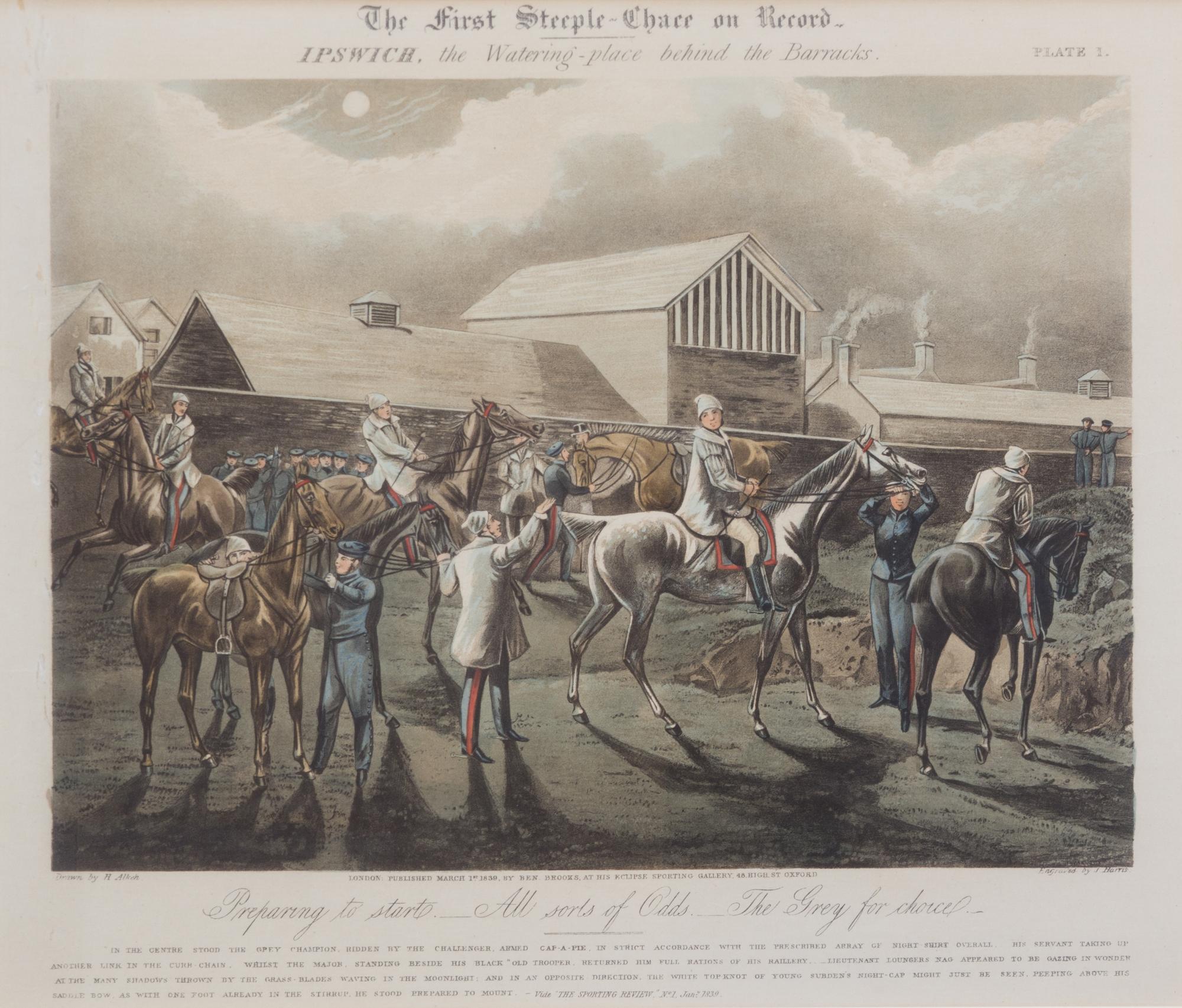 Henry ALKEN, after - J. HARRIS, engraver Image 10 3/4 x 14 1/2 inches. — The First Steeple Chase on Record, Plates I-IV