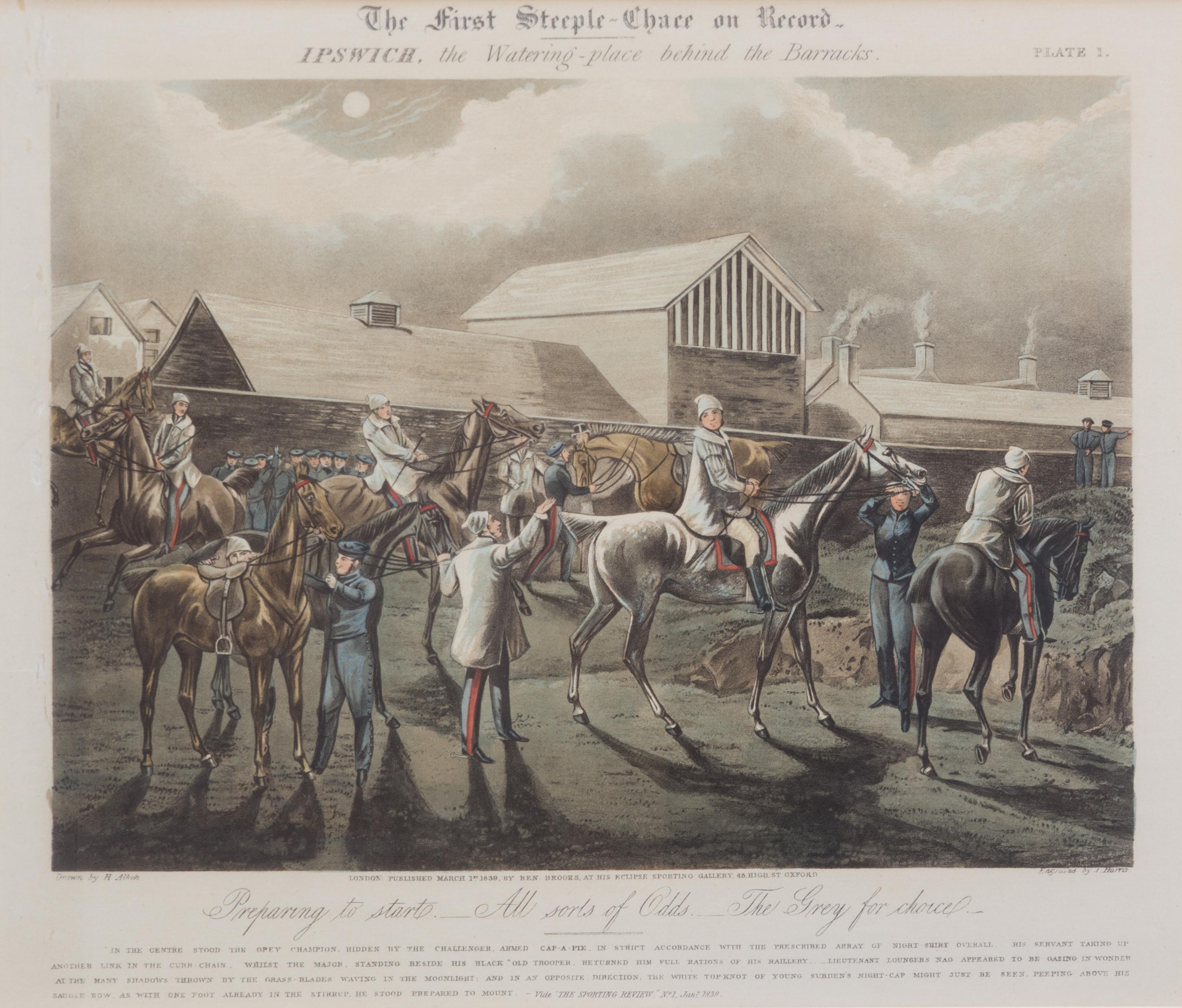Henry ALKEN, after - J. HARRIS, engraver Image 10 3/4 x 14 1/2 inches. — The First Steeple Chase on Record, Plates I-IV
