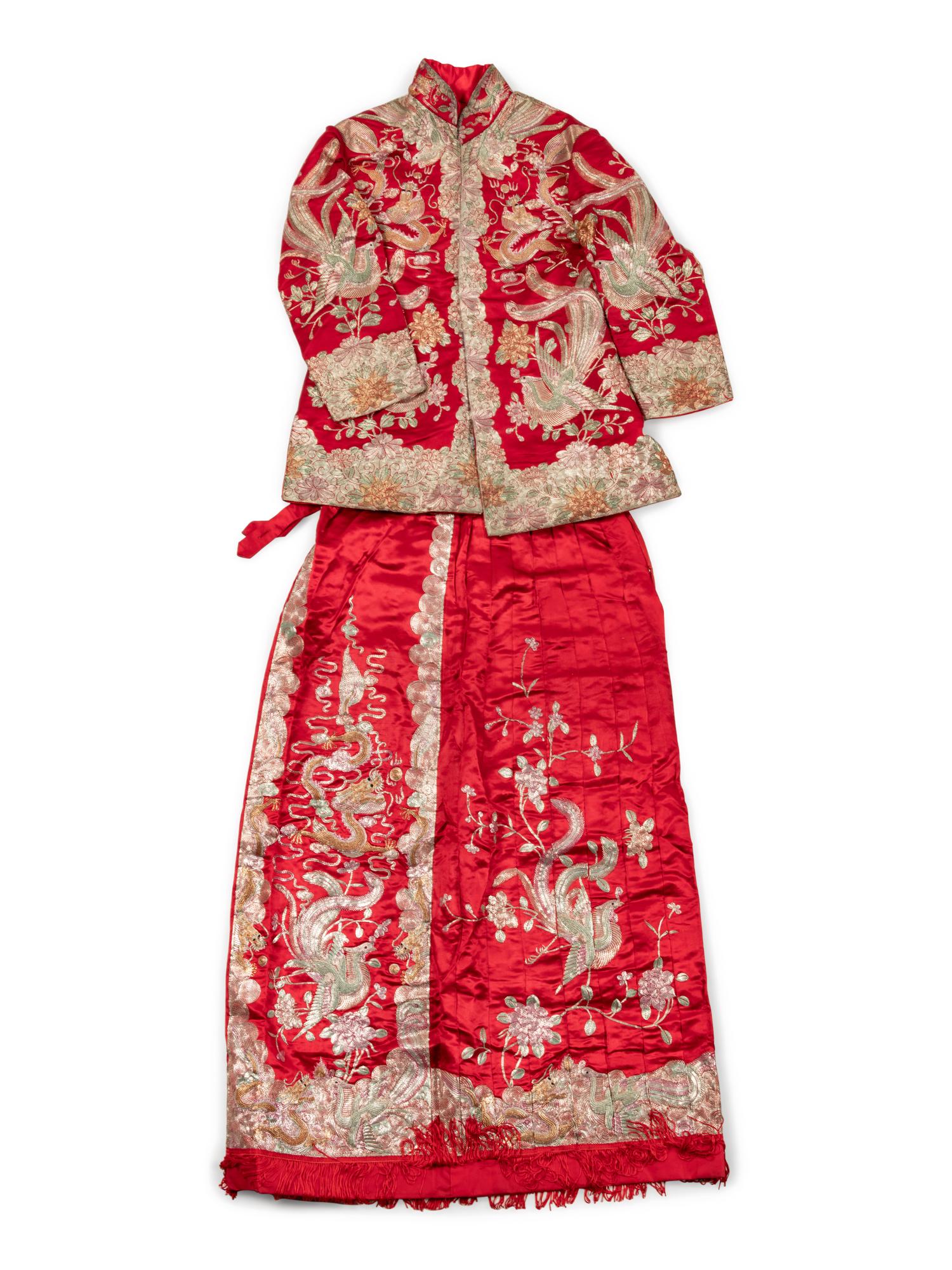Two Sets of Chinese Silk Embroidered Wedding Gowns