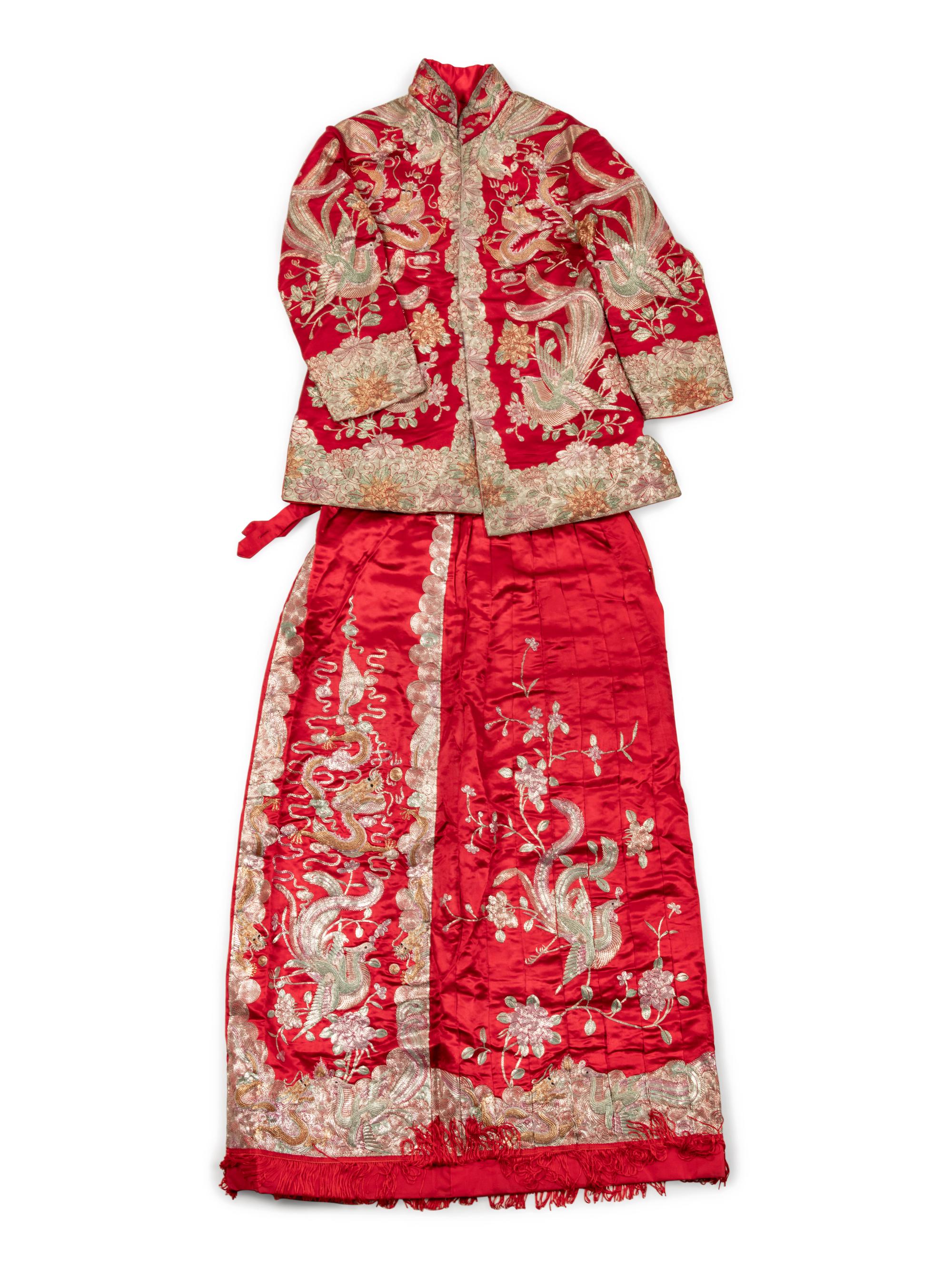 Two Sets of Chinese Silk Embroidered Wedding Gowns