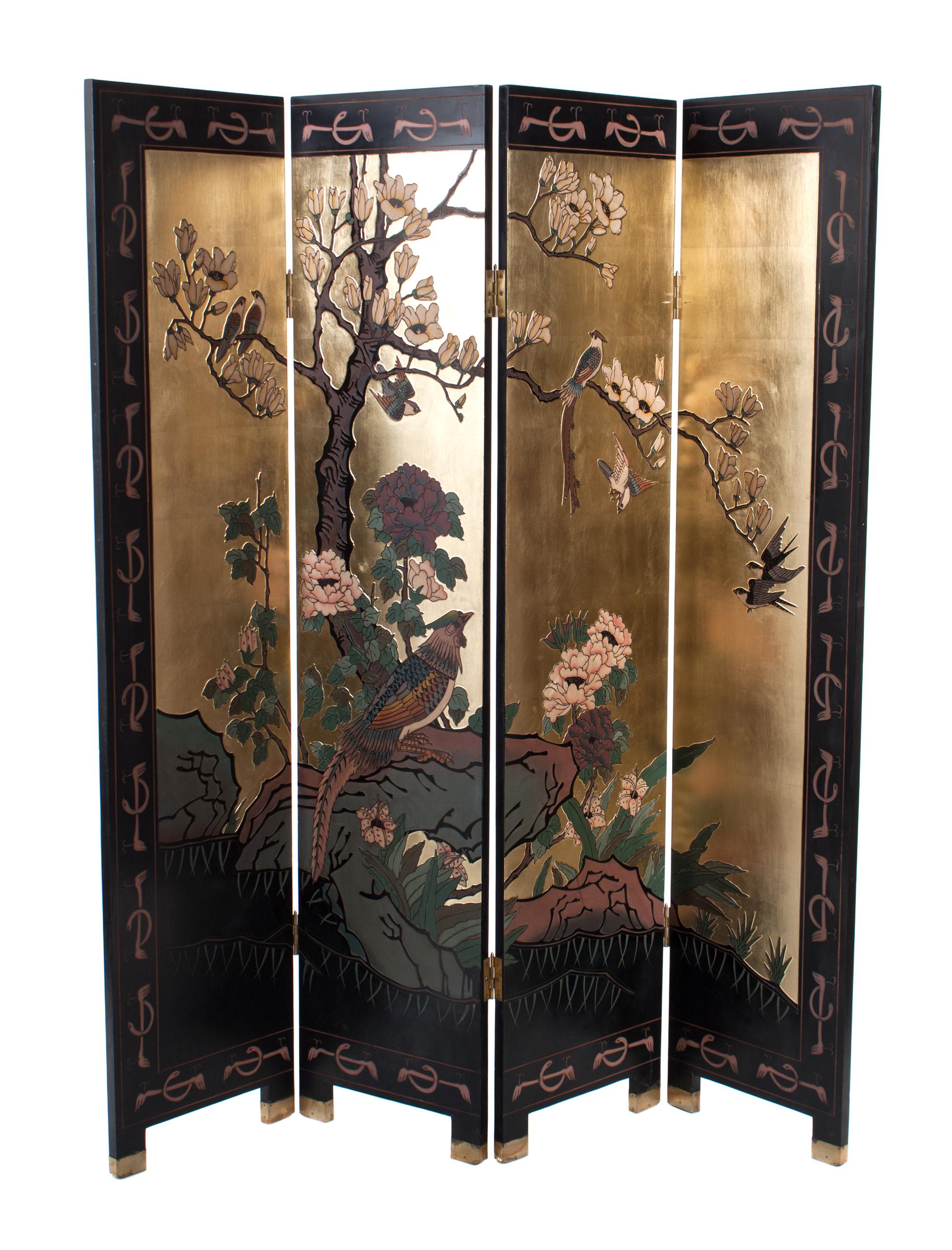 A Japanese Four Panel Folding Floor Screen Height 72 inches.
