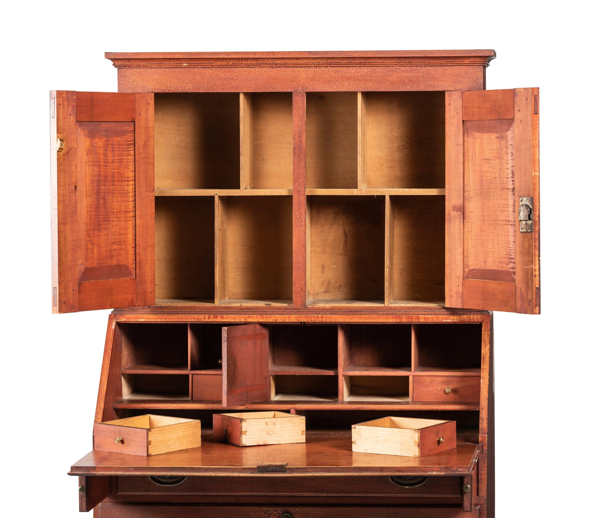 A Federal Red-Painted Maple or Cherrywood Desk-and Bookcase