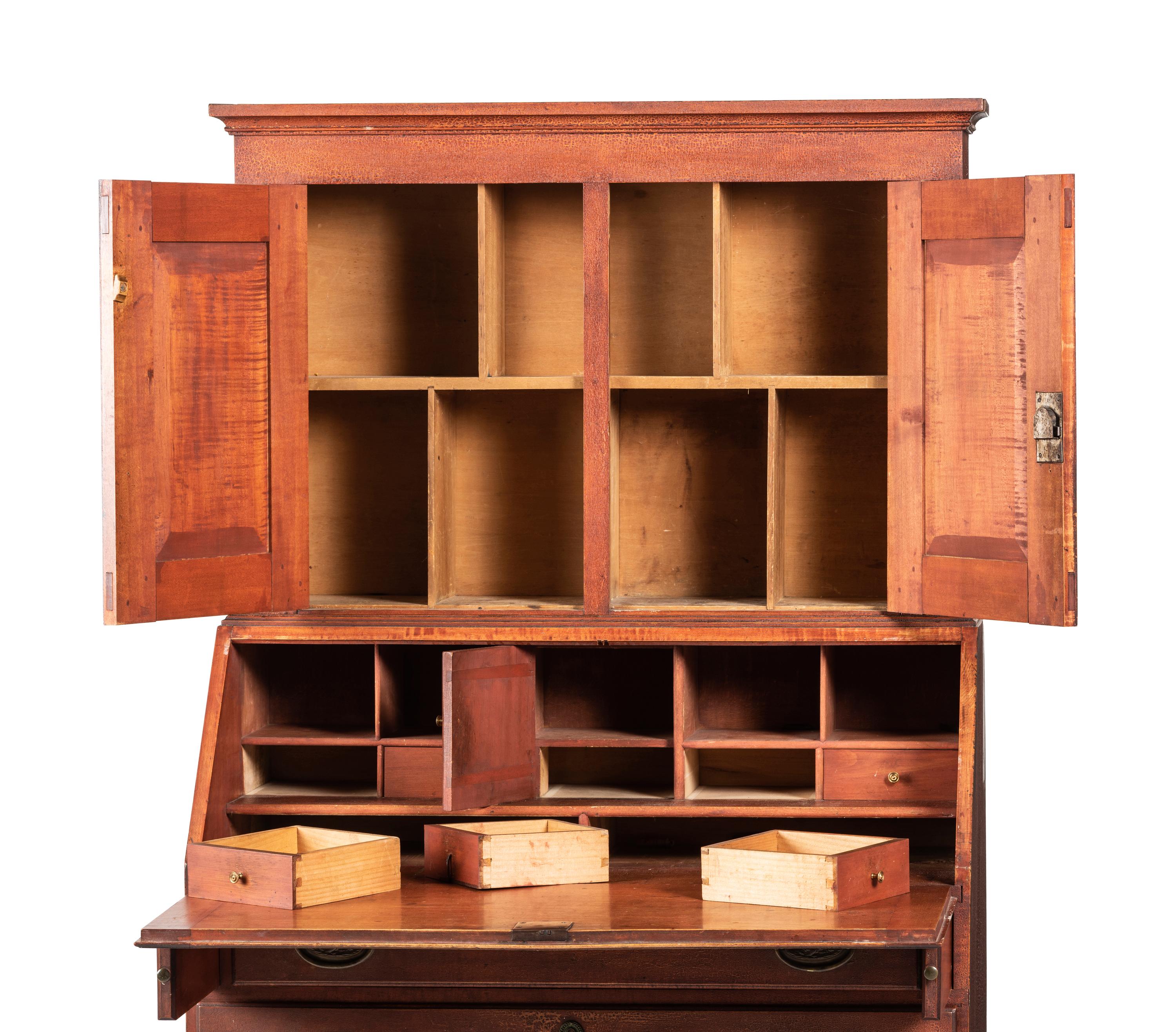 A Federal Red-Painted Maple or Cherrywood Desk-and Bookcase