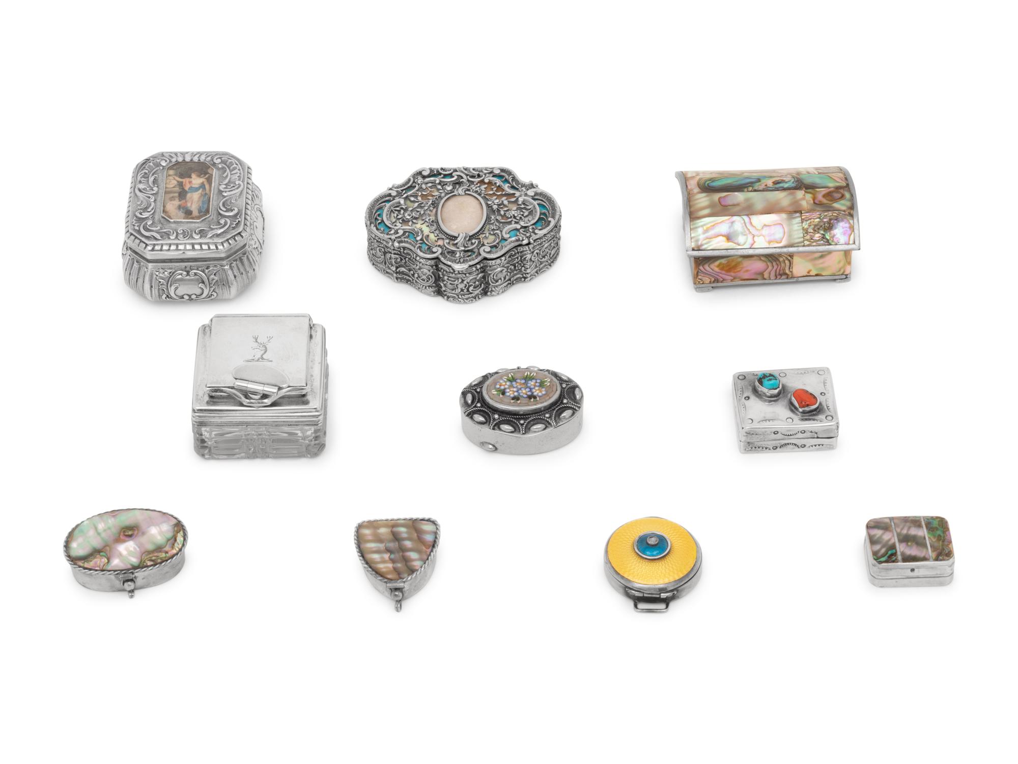 A Collection of Ten Silver Pill and Snuff Boxes