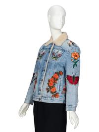GUCCI, EMBROIDERED SHEARLING-DENIM JACKET