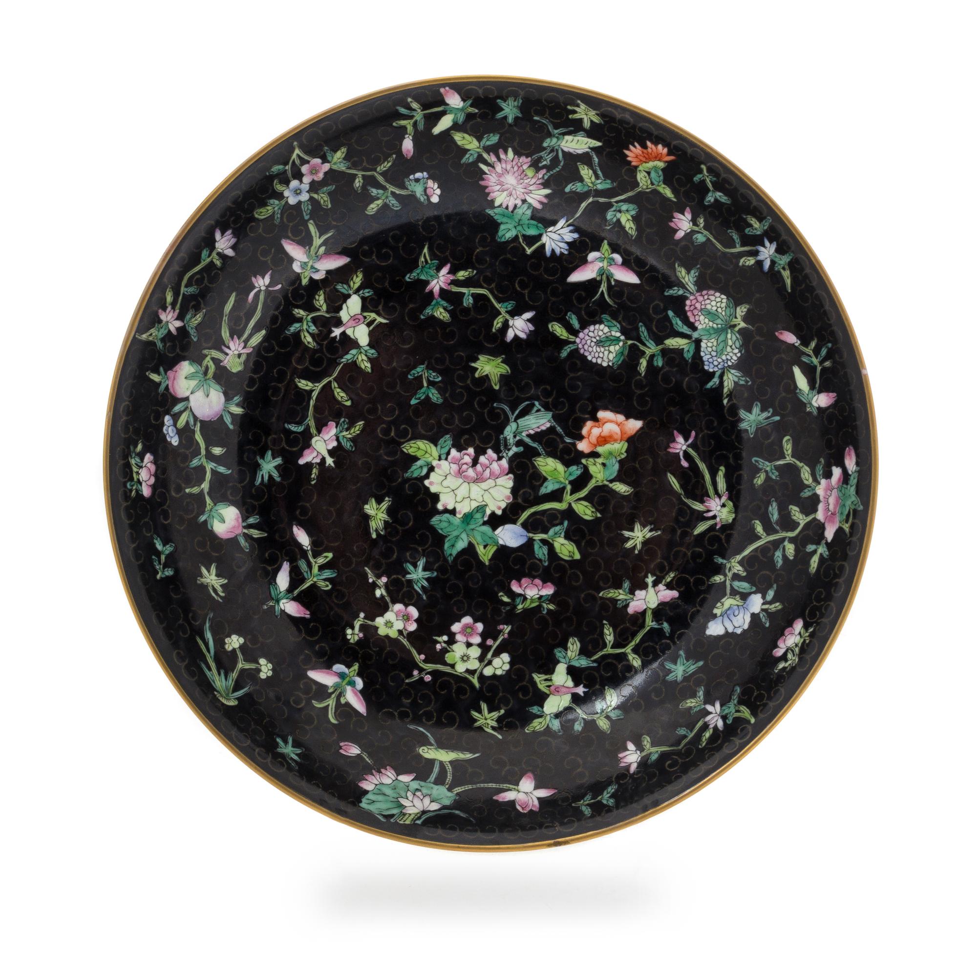 A Famille Noire Porcelain Dish Diameter 9 1/2 inches.
