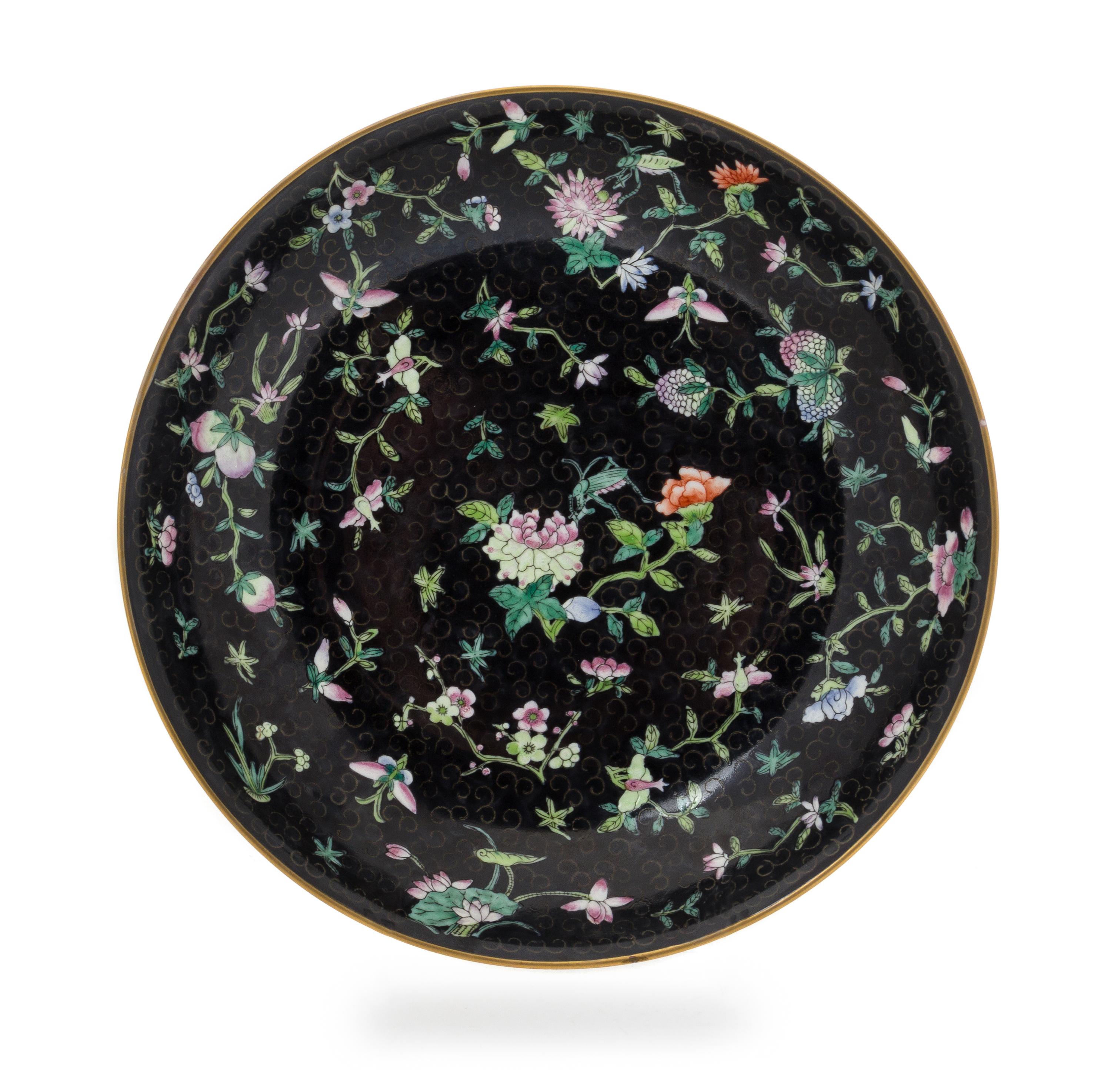 A Famille Noire Porcelain Dish Diameter 9 1/2 inches.