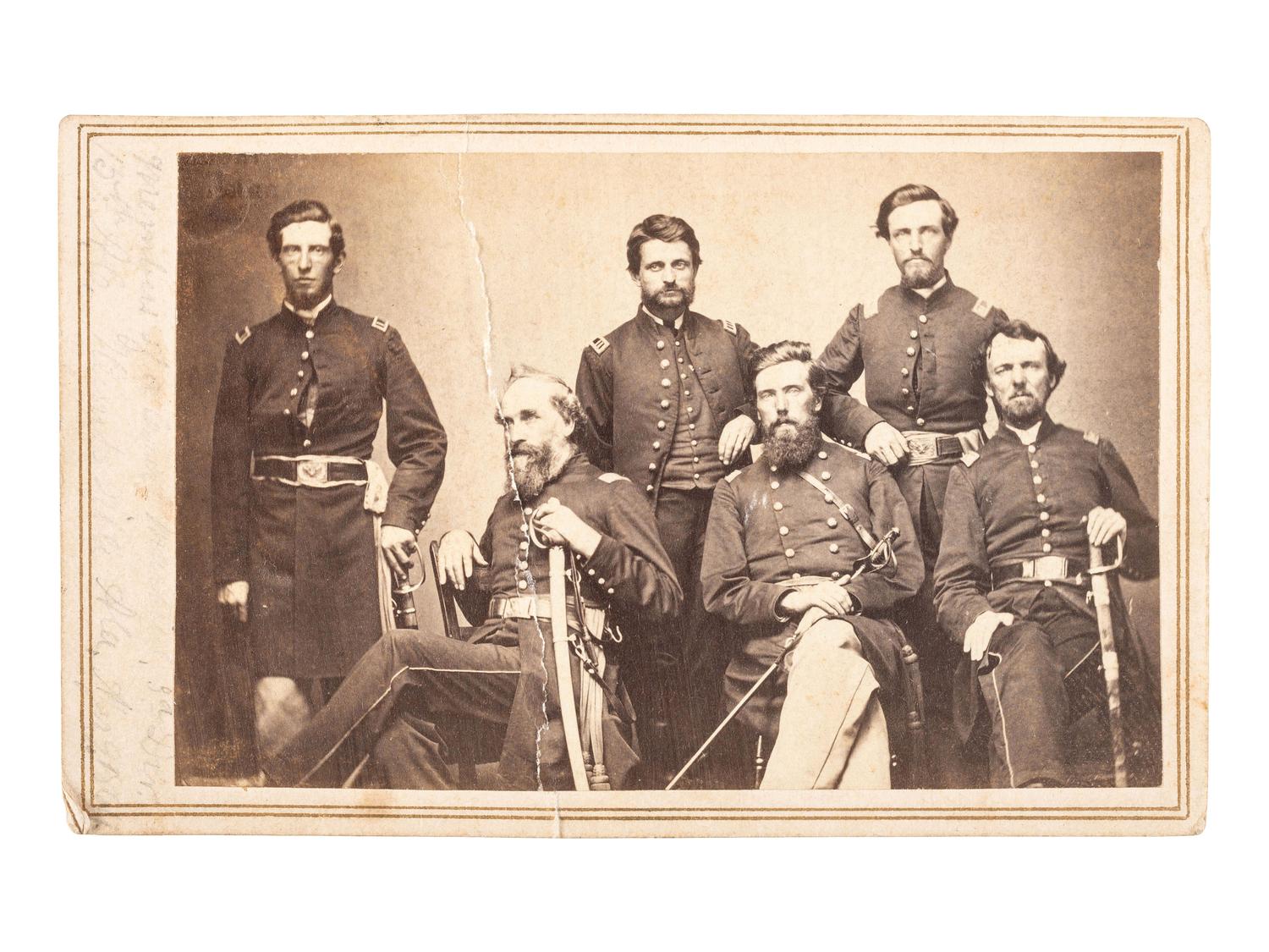 [CIVIL WAR]. CDV of 5 Union officers involved in a general courts martial at Huntsville, Alabama, most identified.