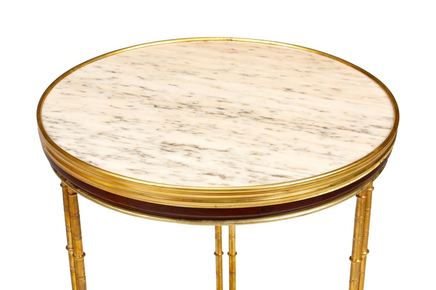 A Pair of French Neoclassical Style Gilt Metal and Marble Gueridons