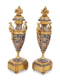 A Pair of French Gilt Bronze and Champlevé Enamel Urns