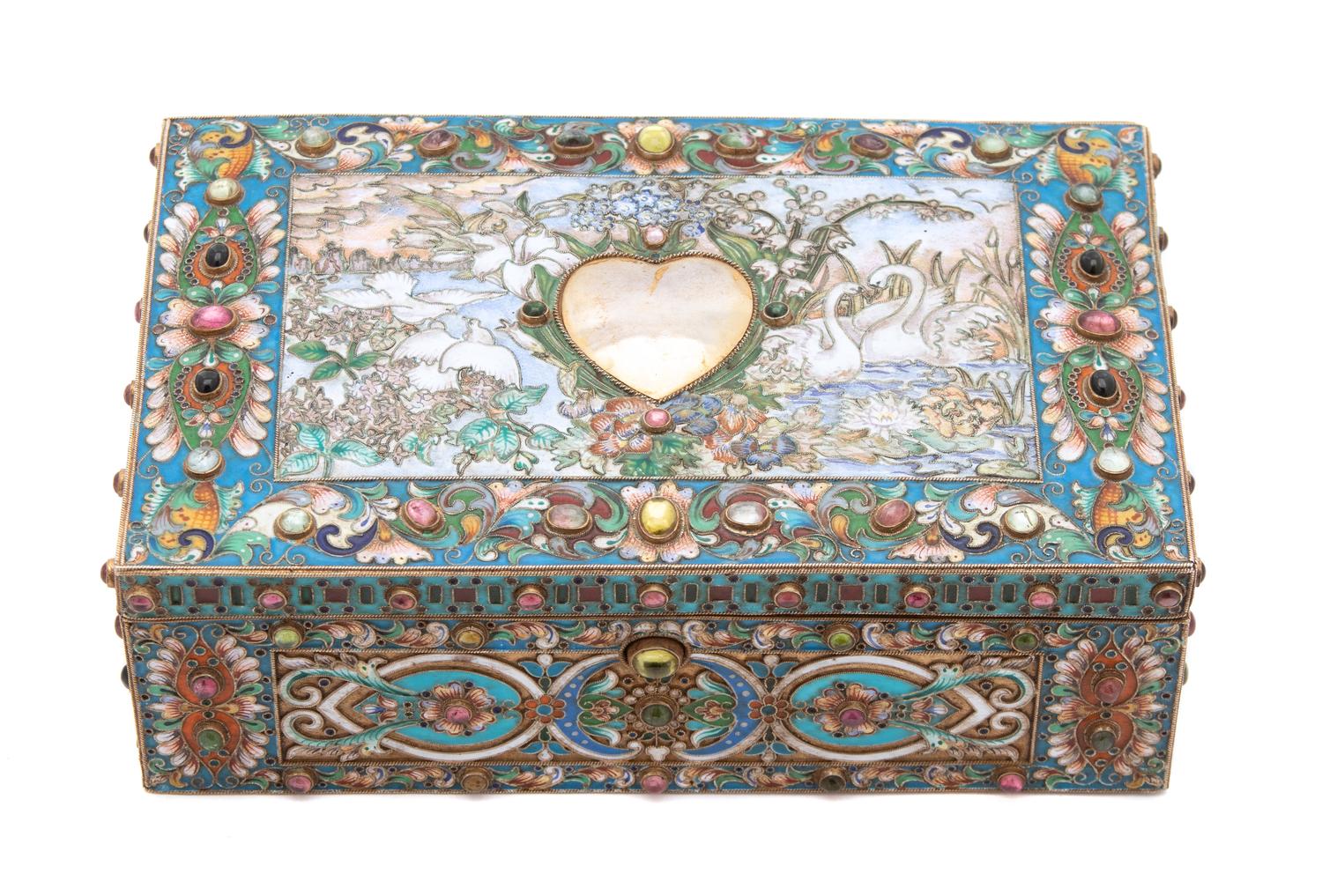 A Russian Hardstone Mounted and Enamel Silver Box, Assay of Lev Fridrikhovitch Oleks, Moscow, 1893, the polychrome enamel case centered