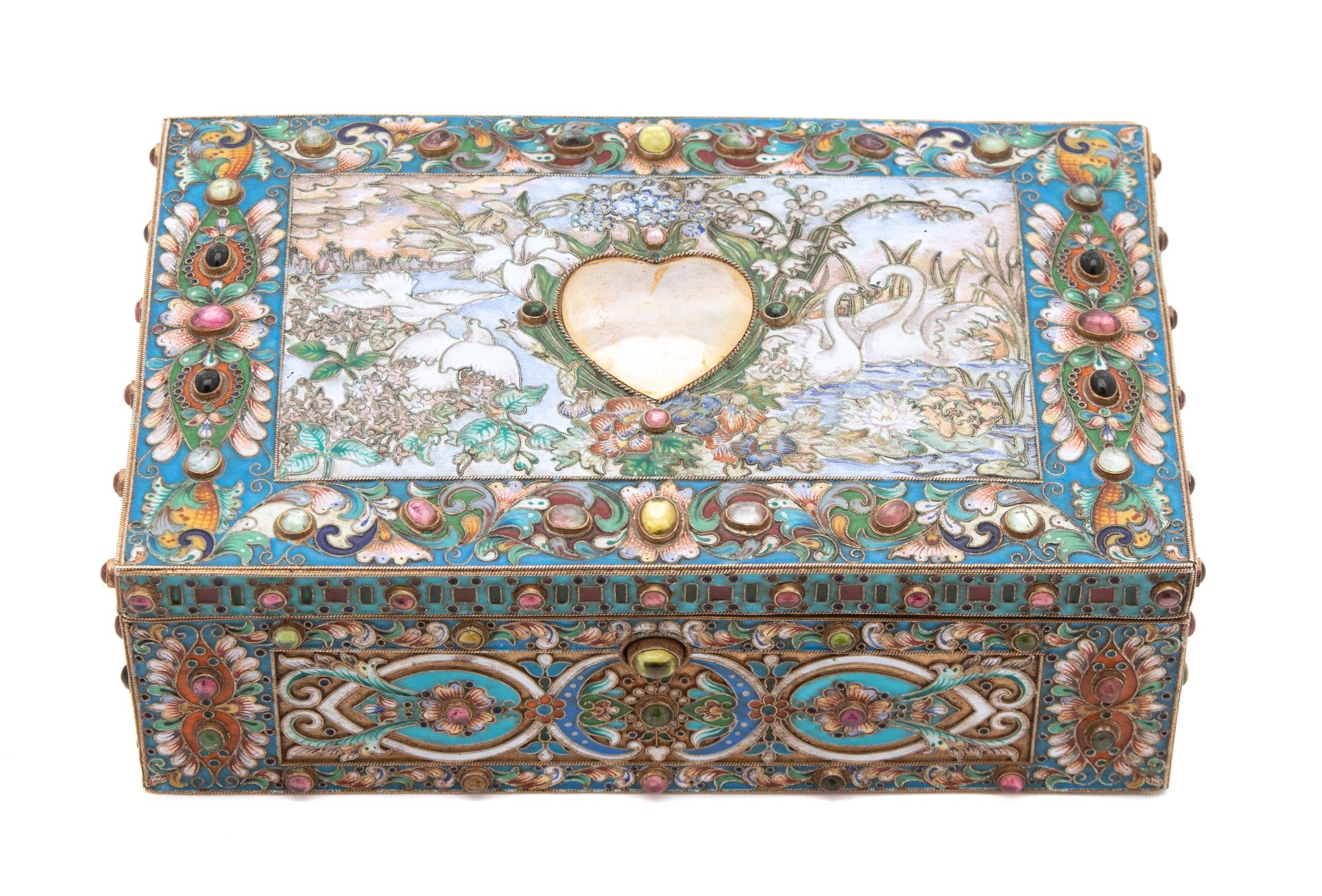A Russian Hardstone Mounted and Enamel Silver Box, Assay of Lev Fridrikhovitch Oleks, Moscow, 1893, the polychrome enamel case centered