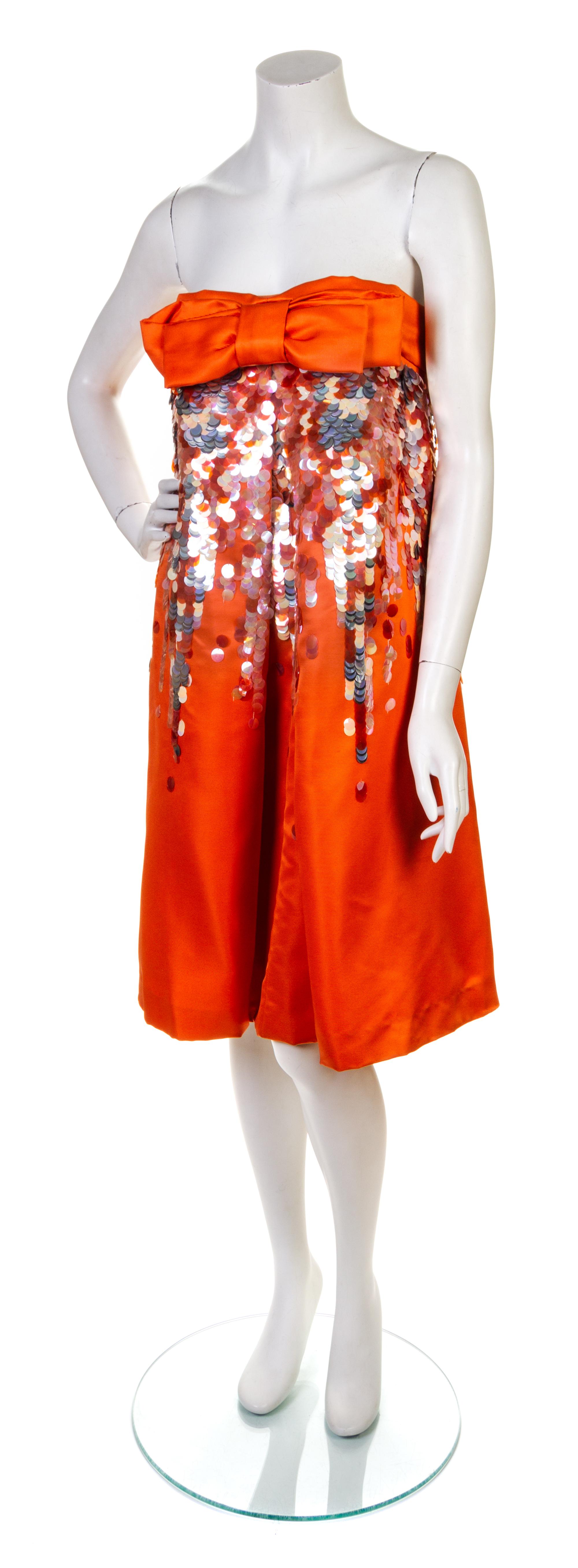 A Christian Dior Orange Strapless Silk Dress, Size 6.