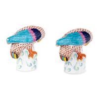 A Pair of Herend Fishnet Porcelain Parrot Figurines