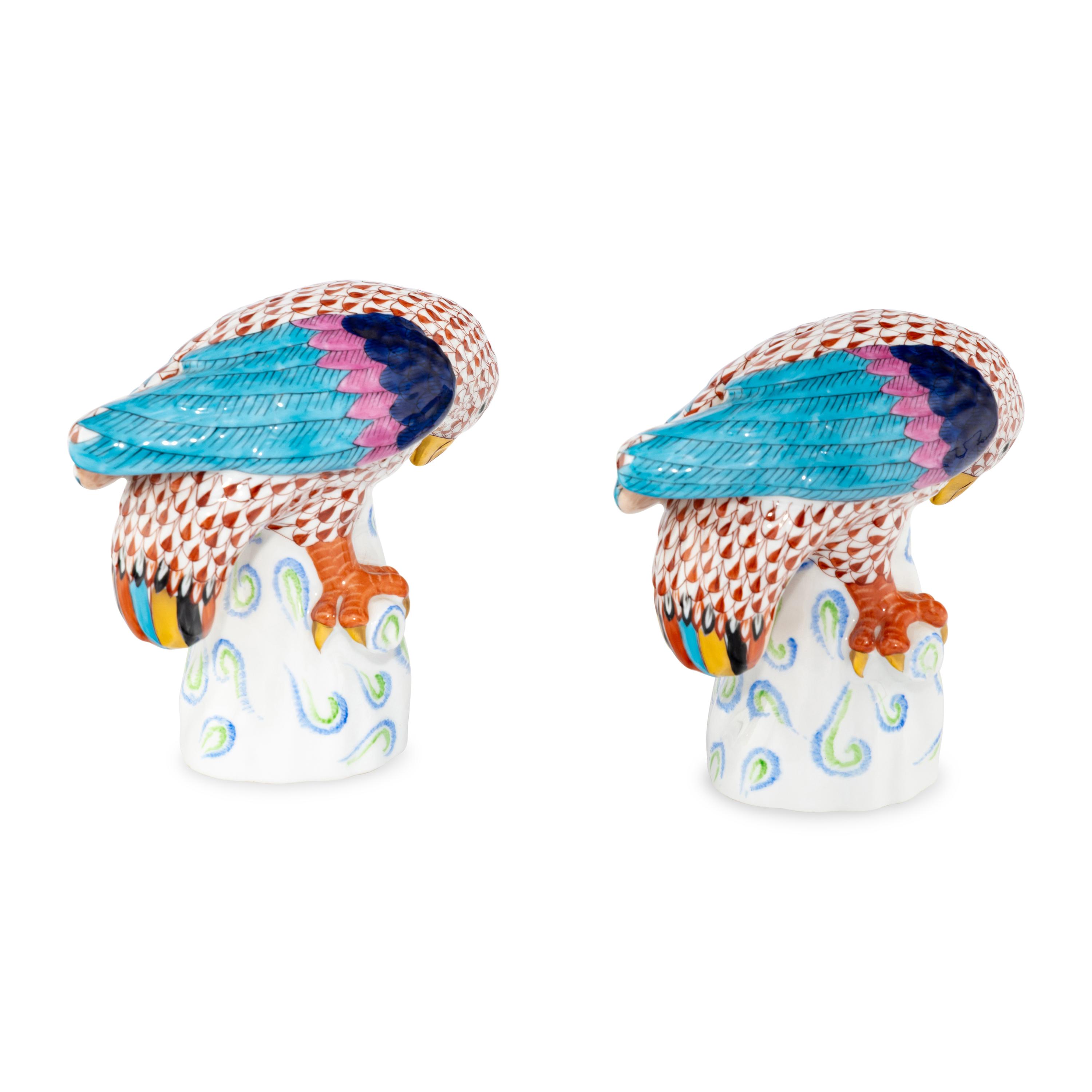 A Pair of Herend Fishnet Porcelain Parrot Figurines