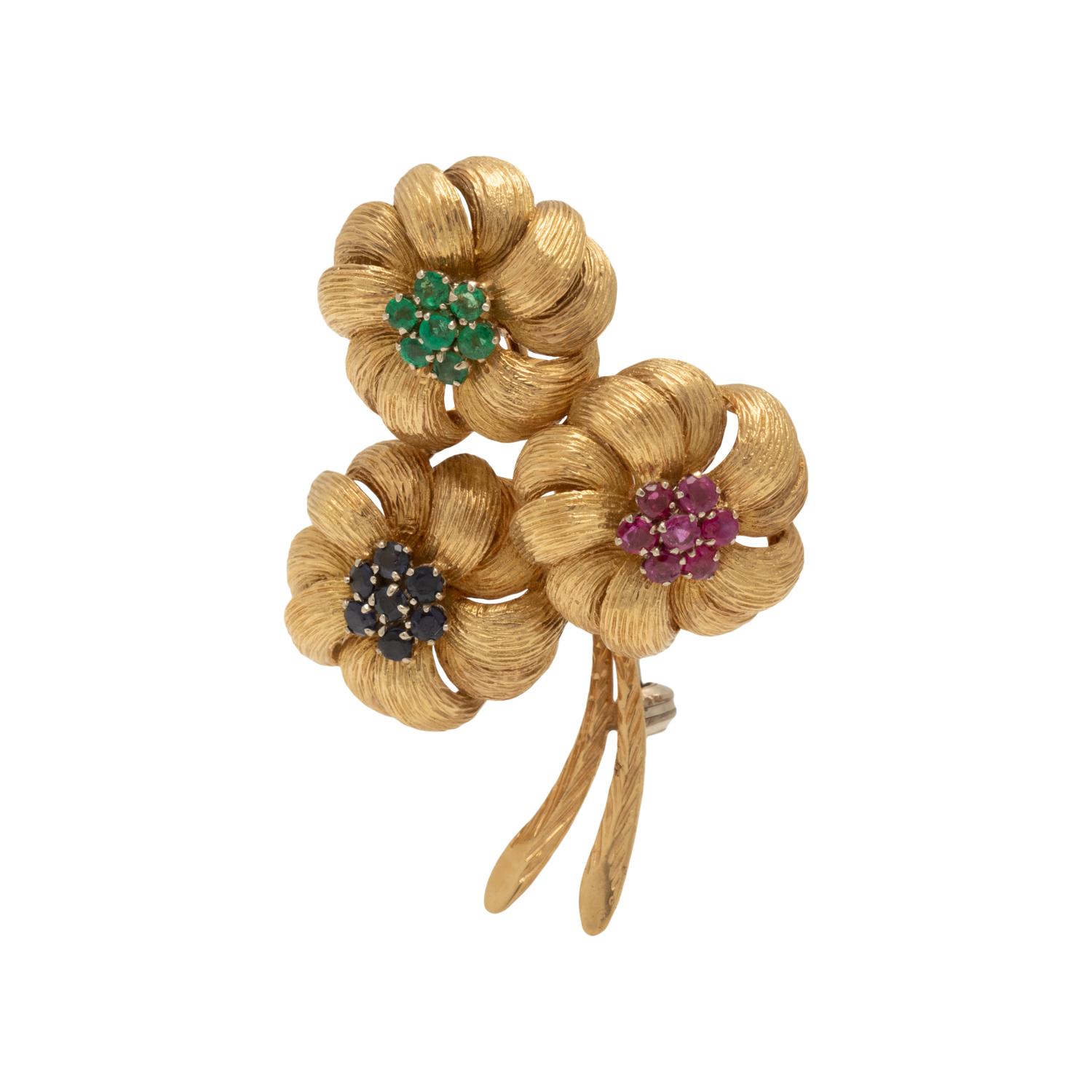 YELLOW GOLD AND MULTIGEM FLOWER BROOCH