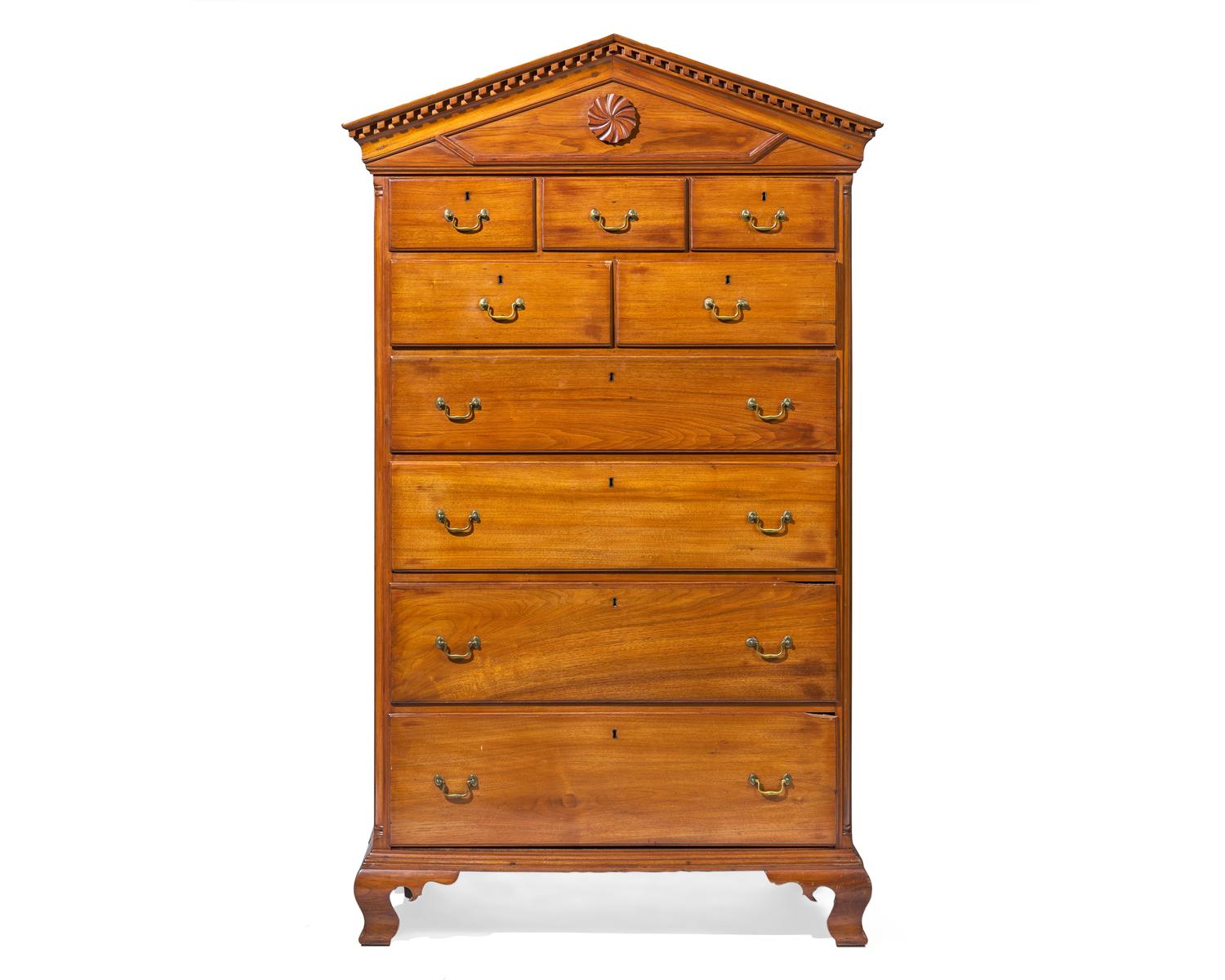 A Rare Federal Carved Butternut or Walnut Peaked Pediment Tall Chest