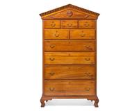A Rare Federal Carved Butternut or Walnut Peaked Pediment Tall Chest