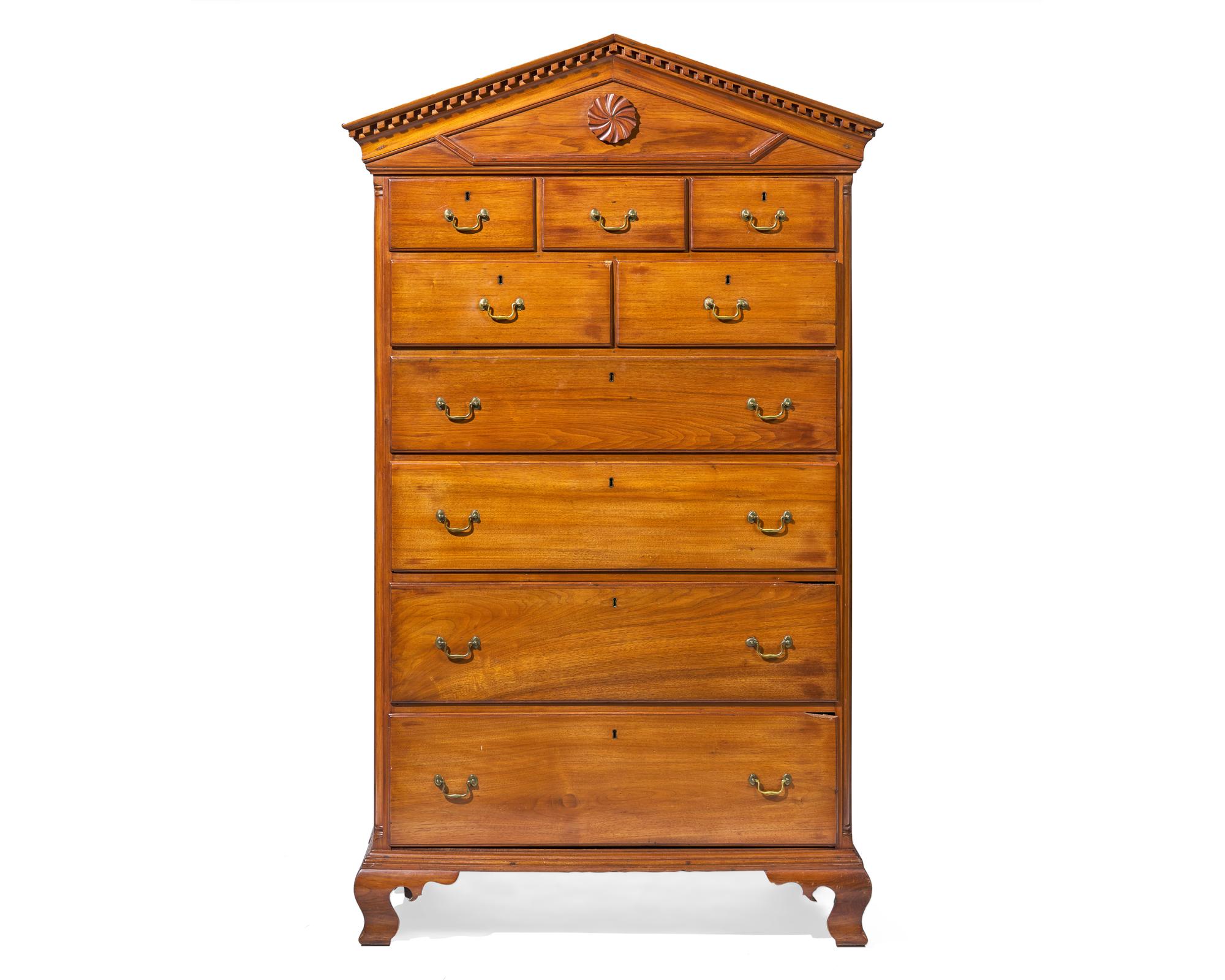 A Rare Federal Carved Butternut or Walnut Peaked Pediment Tall Chest