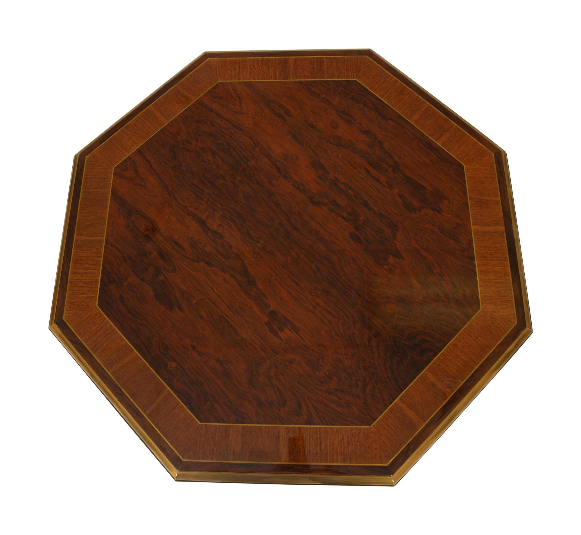 A Pair of Regency Style Hexagonal Top Crossbanded Side Tables with Brass Rims — 20TH CENTURY