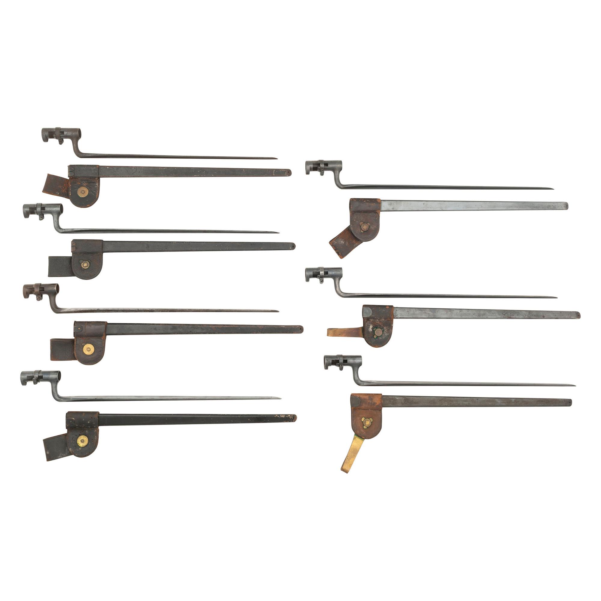 Six US Model 1873 Trapdoor Rifle Socket Bayonets with Scabbards and One Remington No. 1 Bayonet with Scabbard