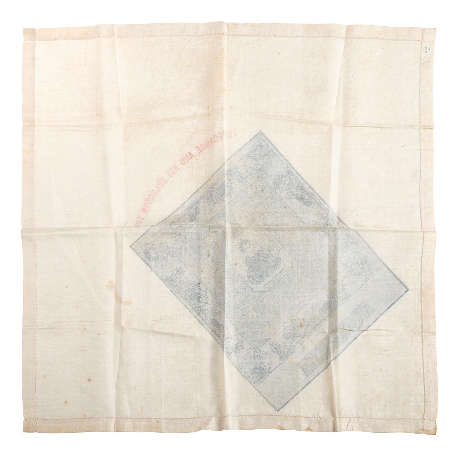 [HARRISON, Benjamin (1833-1901)]. -- [HARRISON, William Henry (1773-1841)]. Extremely scarce Benjamin Harrison campaign handkerchief "Tippecanoe and His Grandson Too." N.p.: Mrs. August Graham, 1888.