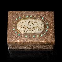 A Chinese Jade and Turquoise Embellished Brass Box — 銅嵌玉及綠松石蓋盒