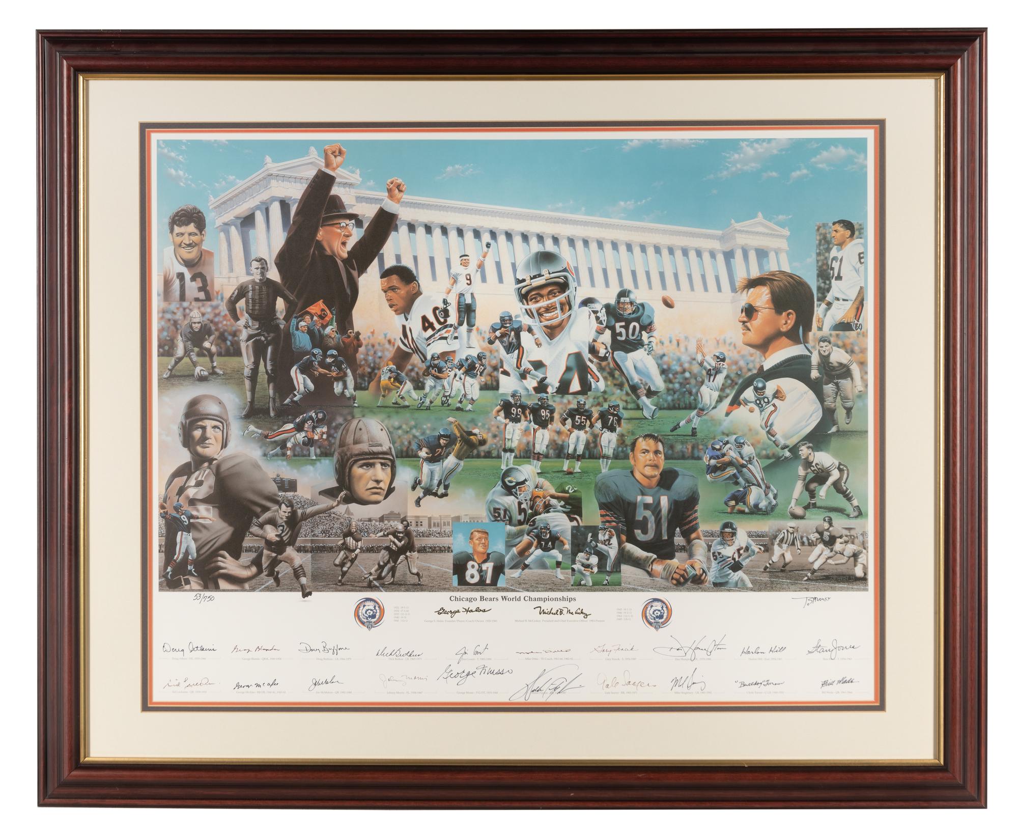 A Chicago Bears 75th Anniversary Multi Signed Autograph Print Including Walter Payton, Dick Butkus, Gale Sayers and Mike Ditka