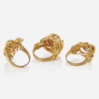 A Collection of Three Yellow Gold and Gemstone Rings
