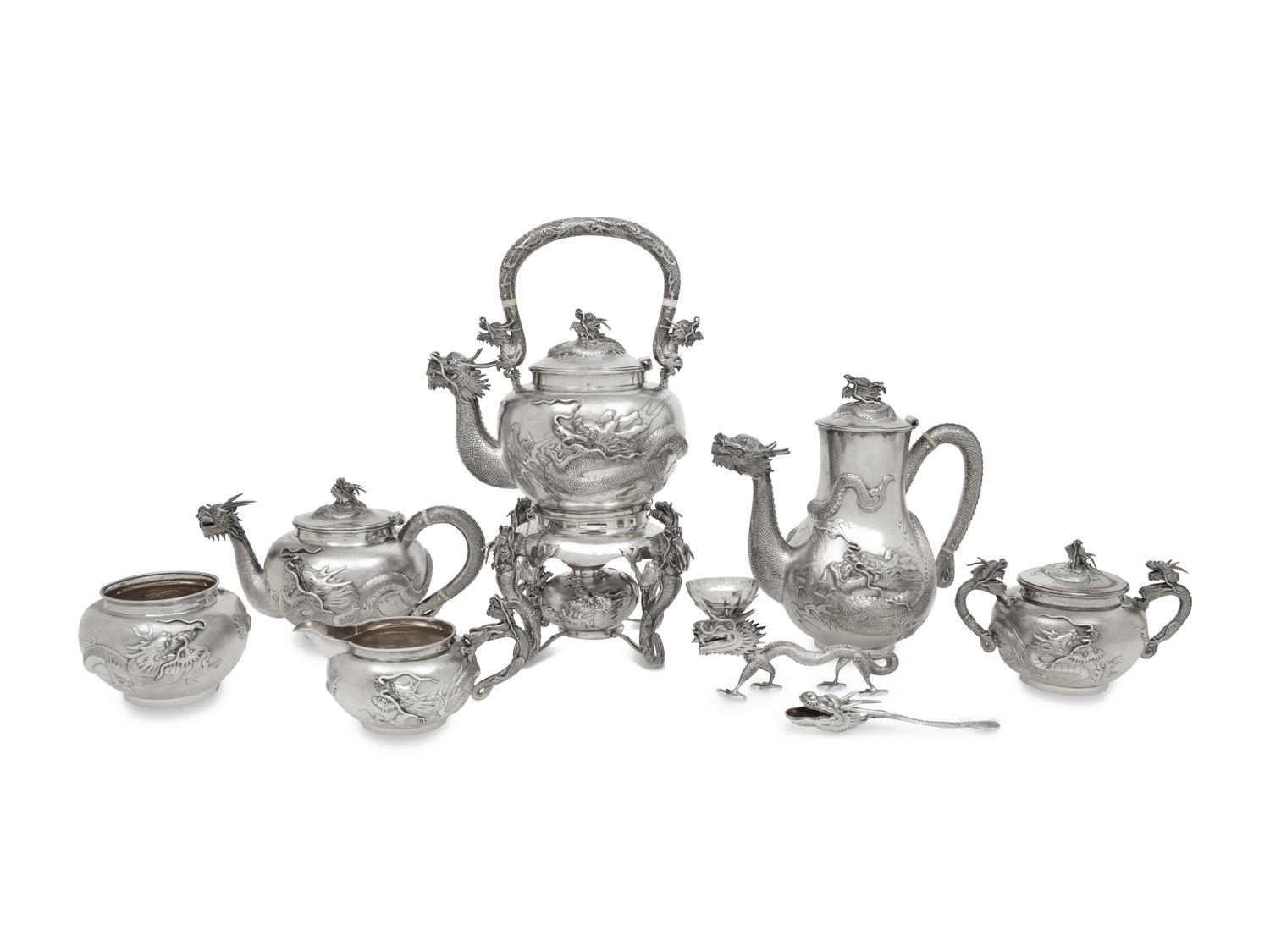 A Chinese Export Silver Seven-Piece Tea and Coffee Service