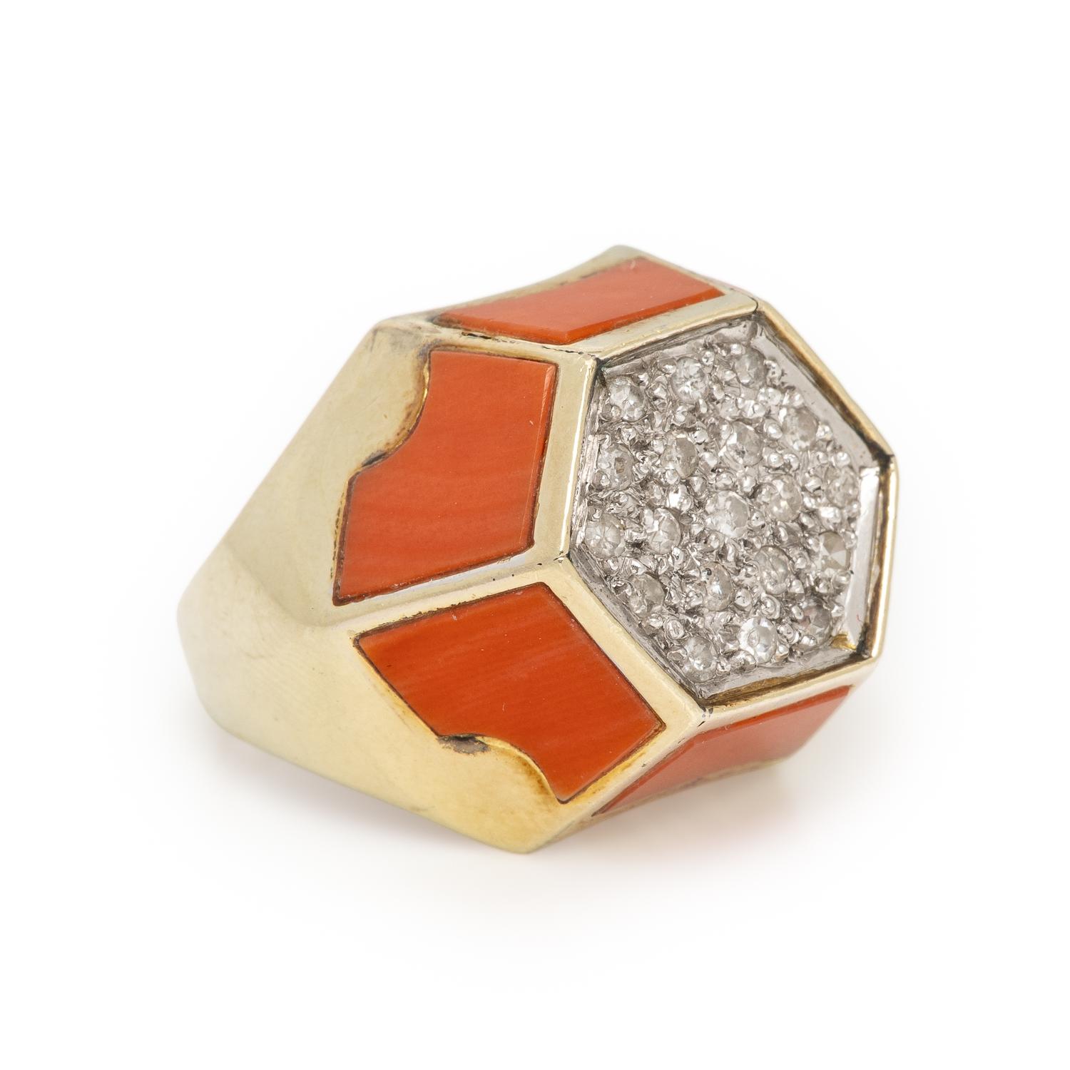 Coral, Diamond, and Yellow Gold Ring