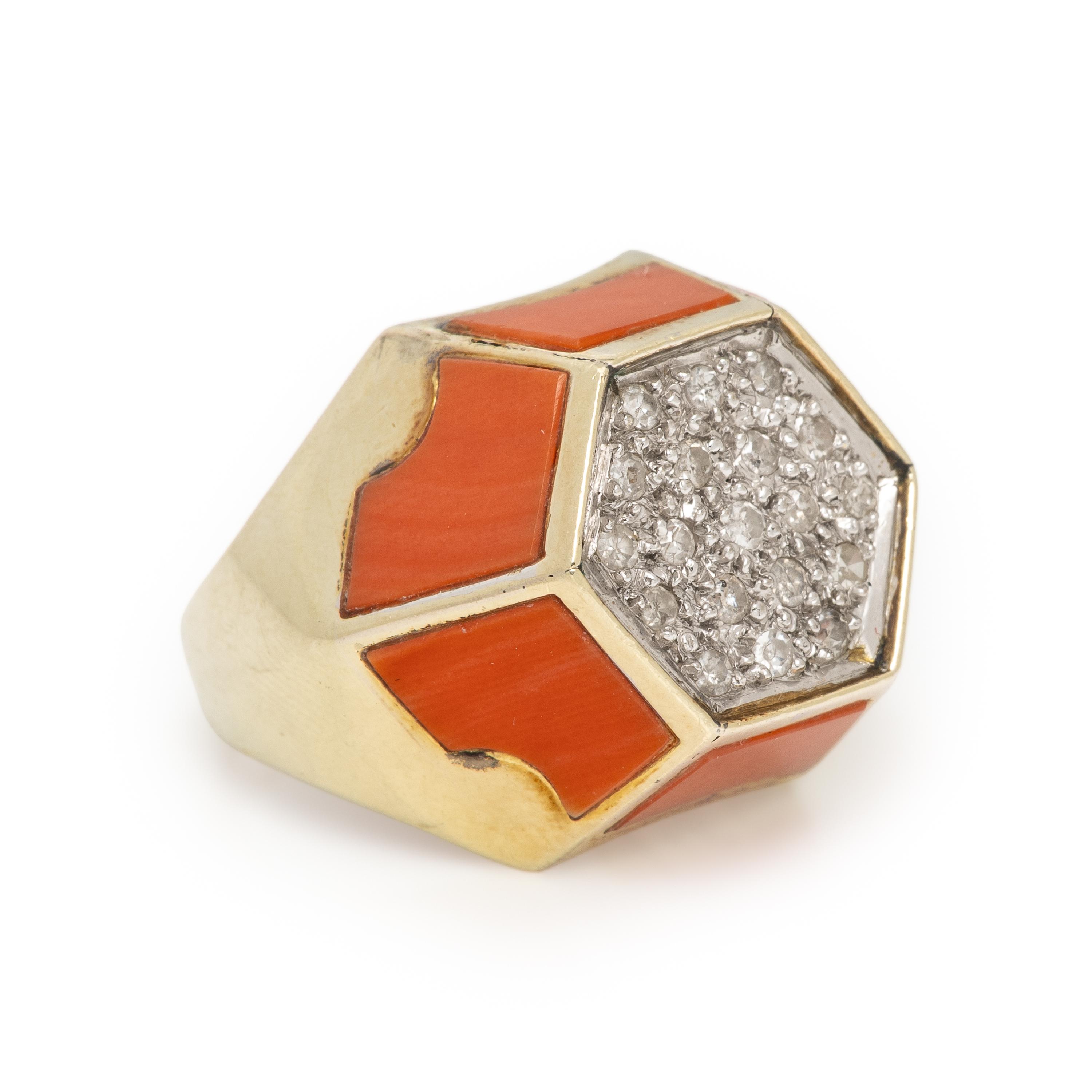 Coral, Diamond, and Yellow Gold Ring