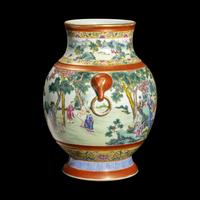 A Chinese Famille Rose Porcelain Baluster Hu Vase 粉彩竹林七賢圖雙耳壺