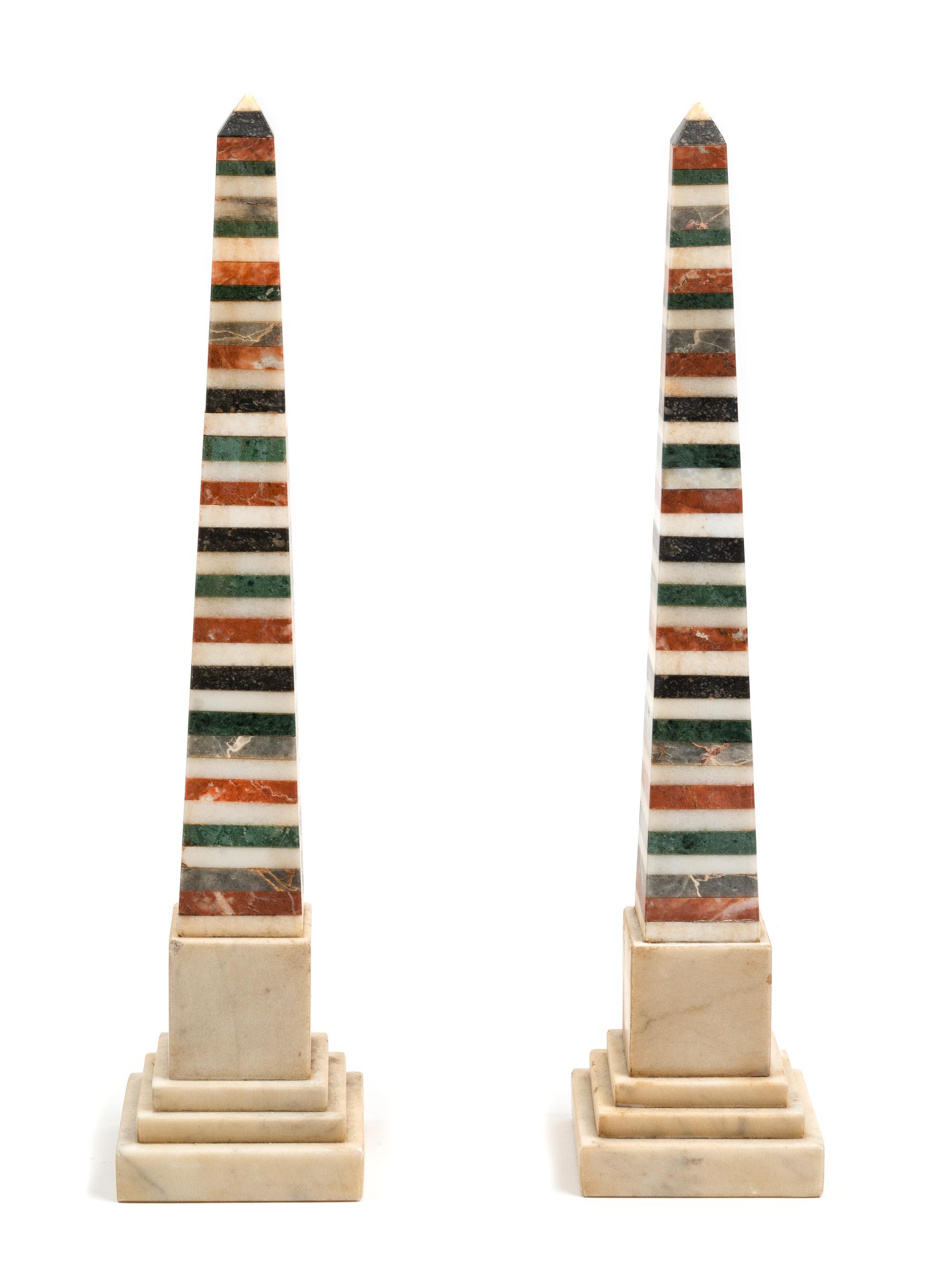 A Pair of Italian Specimen Marble Obelisks Height 15 3/4 inches. — 20TH CENTURY