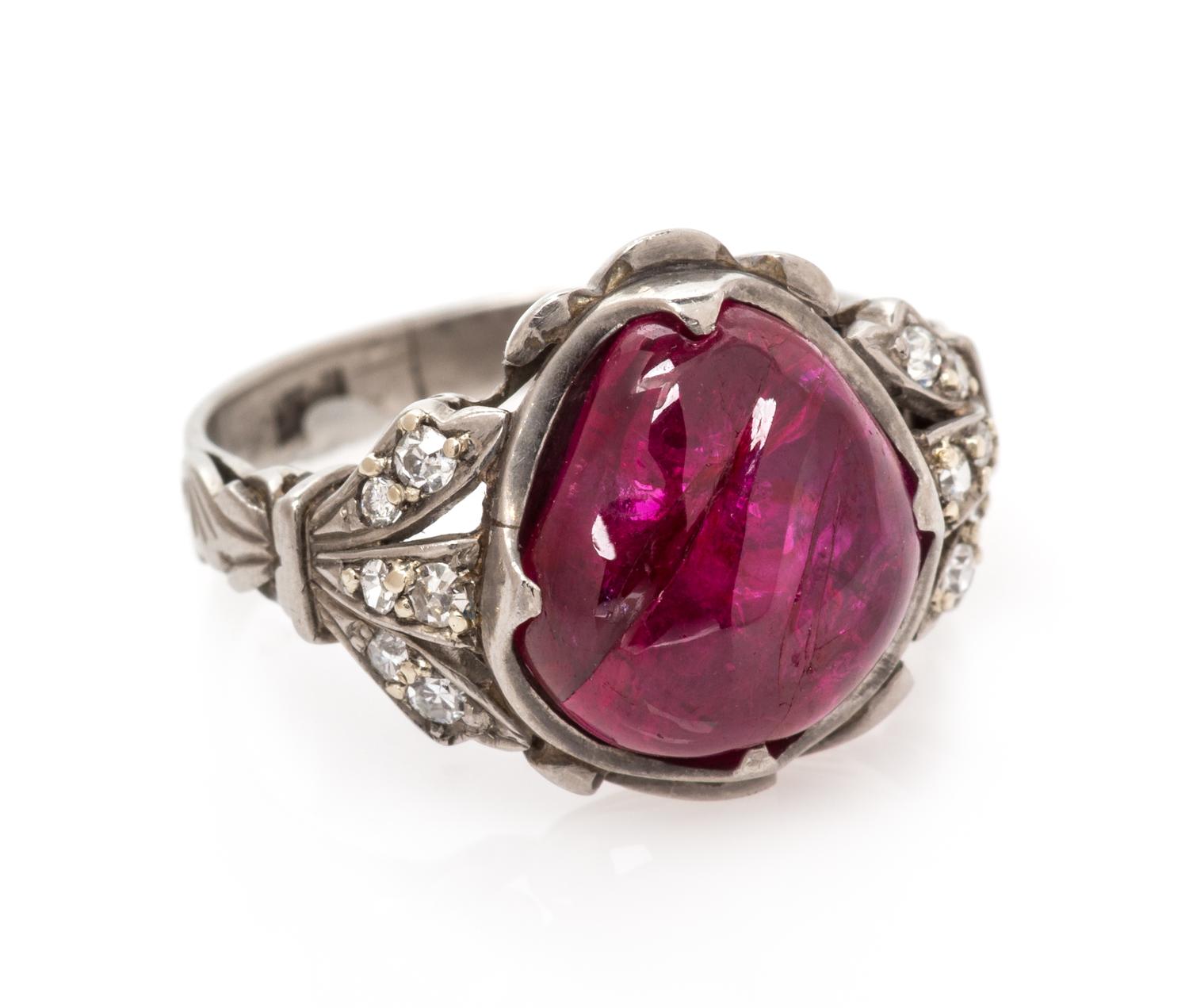 An 18 Karat White Gold, Burmese Ruby and Diamond Ring, 2.30 dwts.