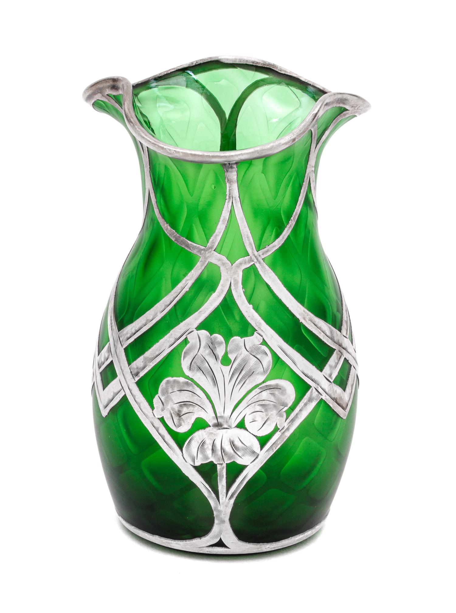 An Iridescent Silver Overlay Glass Vase, likely Austrian Height 5 3/8 inches.
