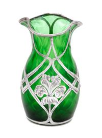 An Iridescent Silver Overlay Glass Vase, likely Austrian Height 5 3/8 inches.
